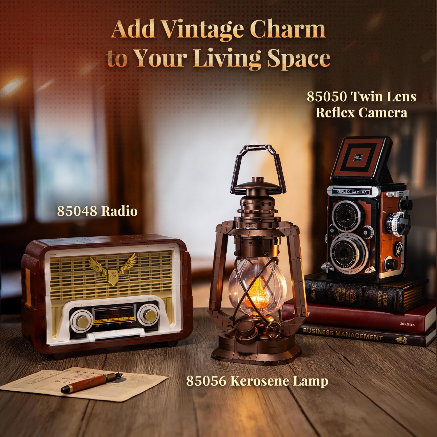 PANTASY Vintage Kerosinelamp met Licht, Bouwset voor Volwassenen | Retro model z klocków z efektem migoczącego płomienia, miedzianym wykończeniem i stylem dla kolekcjonerów.
