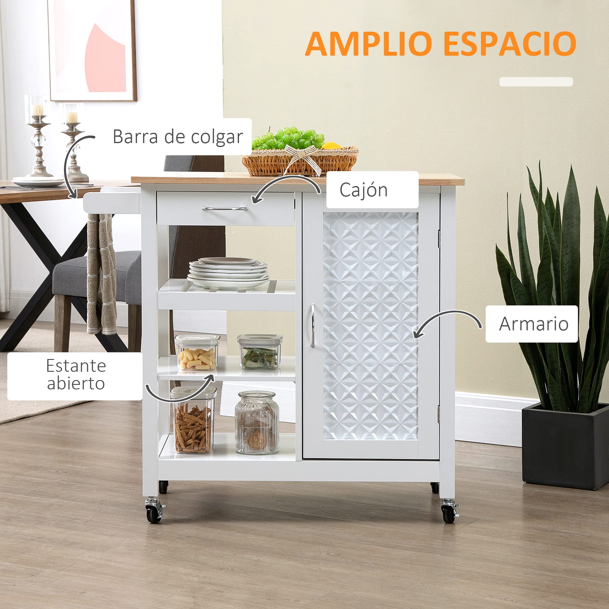 HOMCOM Carrello da Cucina con Ruote Credenza Salvaspazio 92x40x84 cm Bianco | 1 Cassetto, 1 Armadietto, 1 Ripiano Aperto a 3 Livelli, 1 Portasciugamani, in MDF e Acciaio