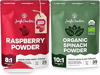 Jungle Powders Raspberry Powder 3.5oz & Organic Spinach Powder 5oz – Freeze Dried Whole Leaf & Berry Extracts for Smoothies, Baking, Cooking, Flavoring, Immune Support – USDA Certified, Additive-Free
