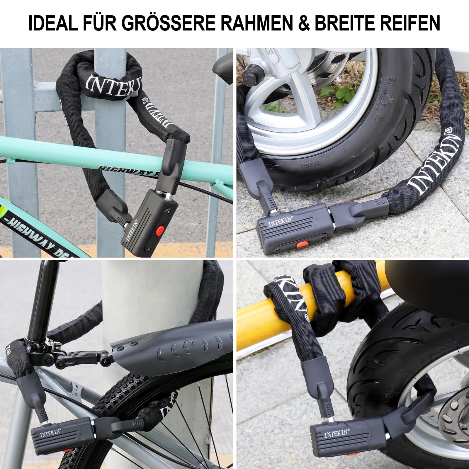 INTEKIN Kettenschloss 120cm lang, Schwer Motorrad-/ Fahrradschloss aus 8mm gehärteter Stahlkette, Hochsicherheits Fahrrad Kettenschloss mit 3 Schlüsseln, Schloss Kette für E-Scooter, E-Bike, Grill Sport & Freizeit