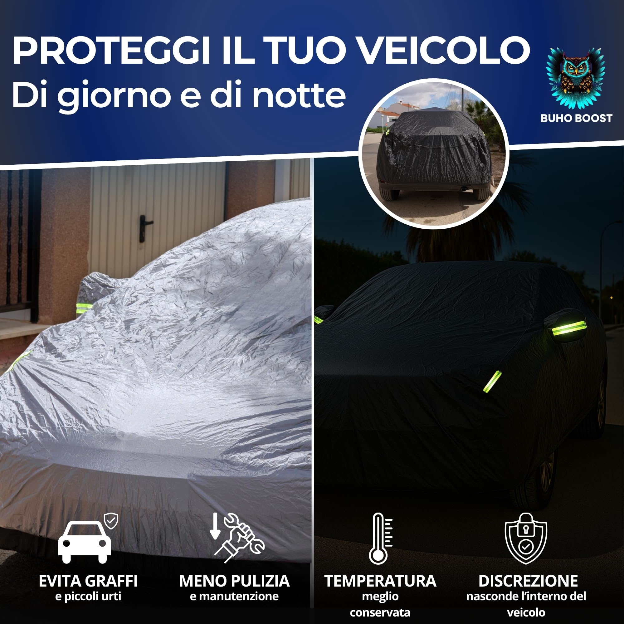 Classic - Telo Auto 100% Impermeabile con Parasole Incluso - Telo Copriauto Da Esterno con 2 Zip Strategiche - Protezione Completa Pioggia/Neve/UV/Polvere - Misura Universale Auto SUV