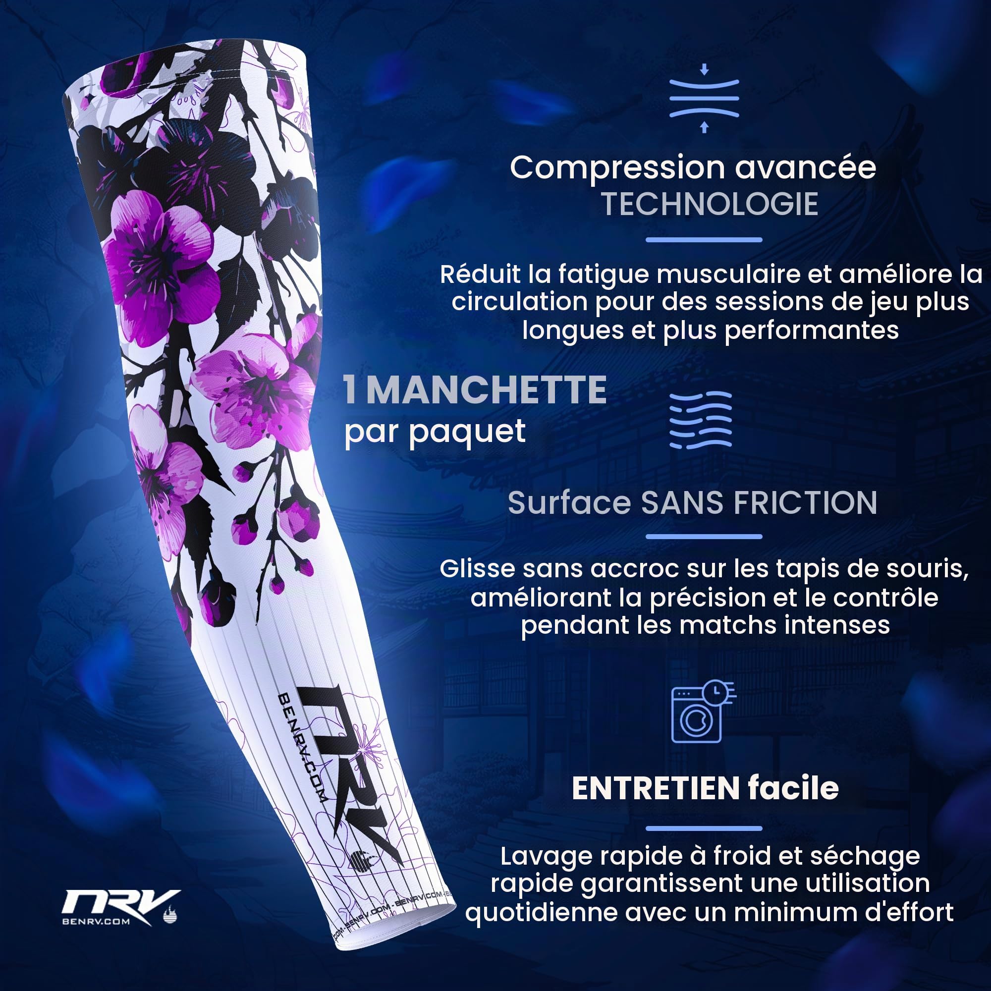 NRV Manchette Gaming Orchid – Compression Sleeve eSport Élégante – Anti-Friction, Respirante et Durable – Design Fleur d'Orchidée