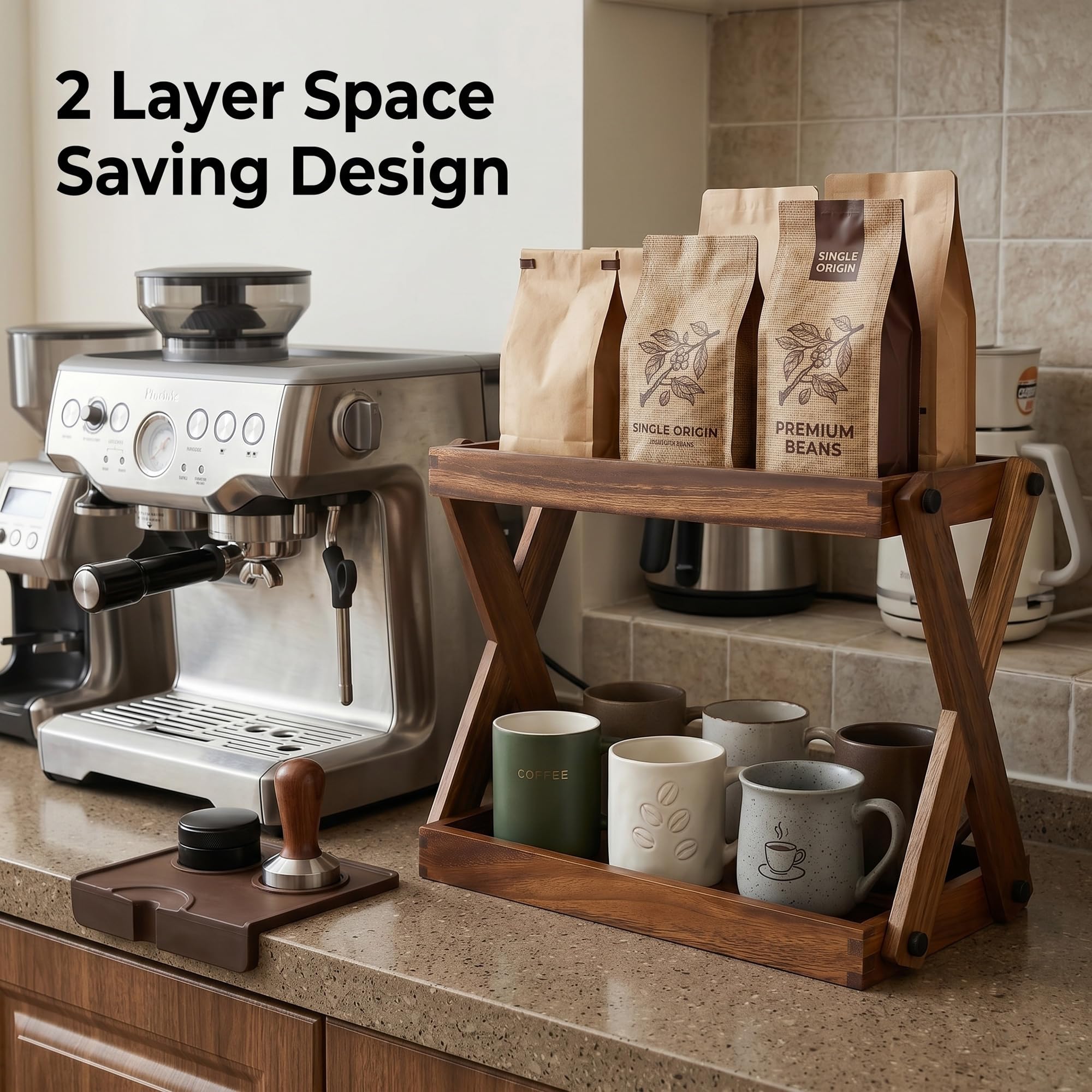 Organizador de madera para encimera, estante de madera de 2 niveles para accesorios de barra de café, organizador de especias de cocina, organizador de almacenamiento de condimentos para el