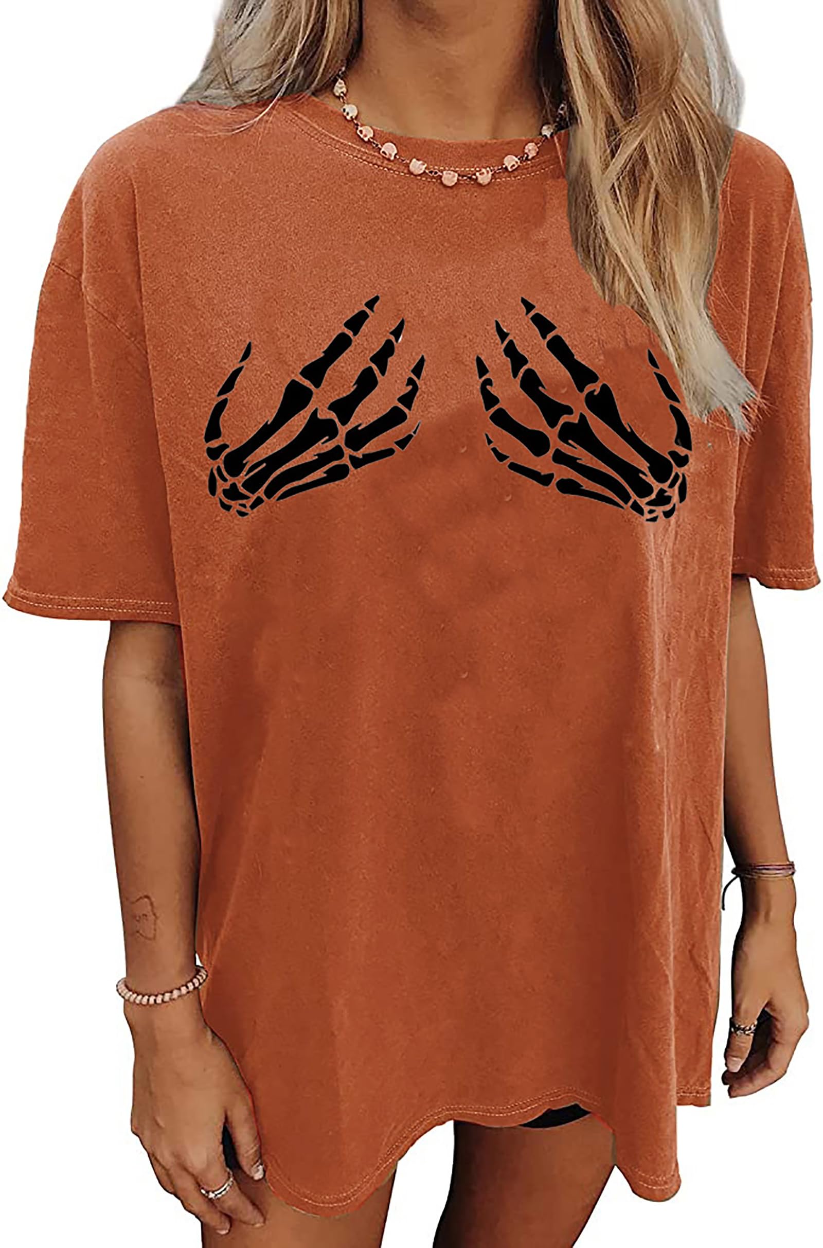 LLHXRUIStay Spooky Halloween T Shirt for Women Oversized Halloween Skull Print Graphic Tees Funny Skeleton Shirts Tops