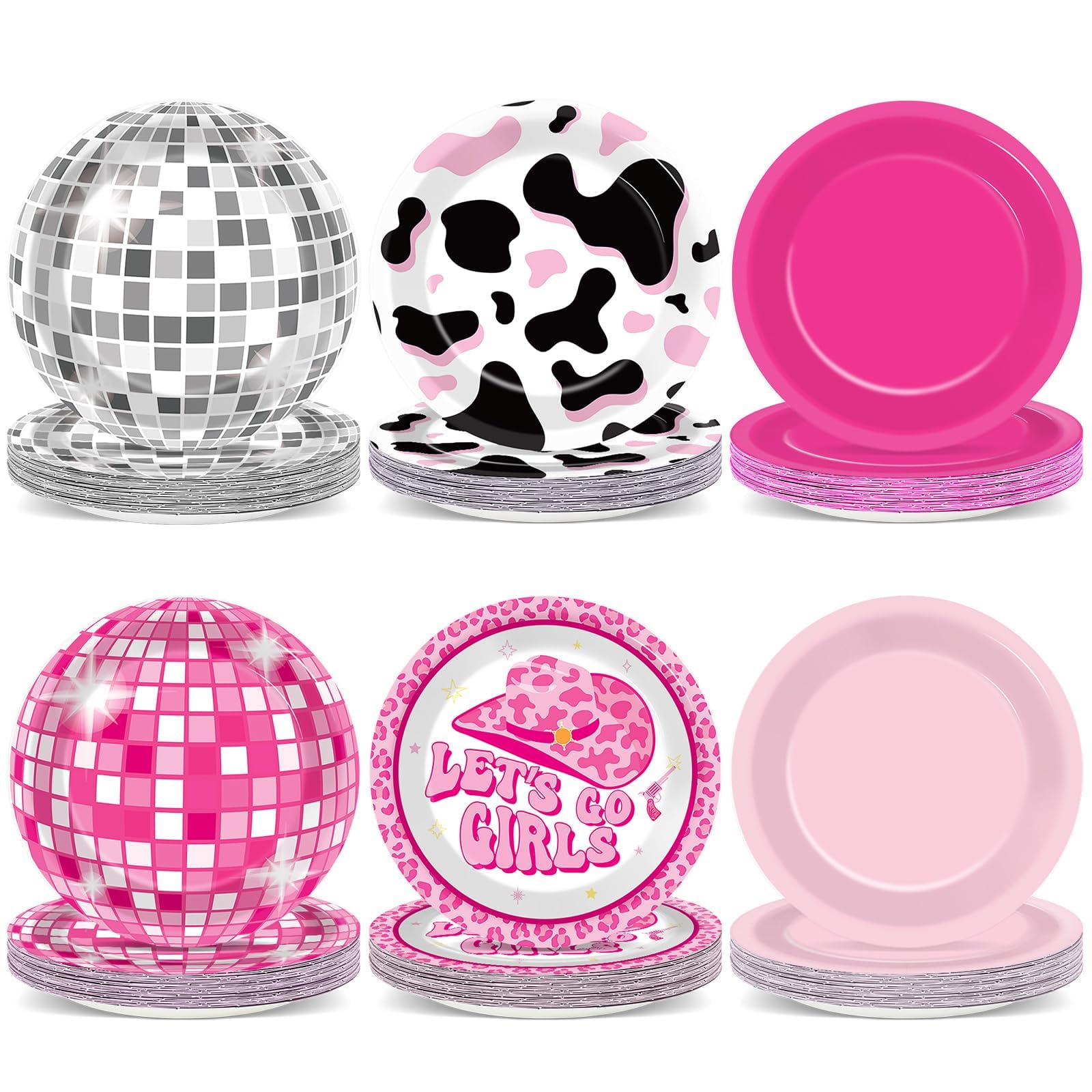 60Pcs Western Cowgirl Party Paper Plates for Disco Cowgirl Party Decorations 7in Hot Pink Disco Ball Cow Print Dessert Plates Disposable Tableware for
