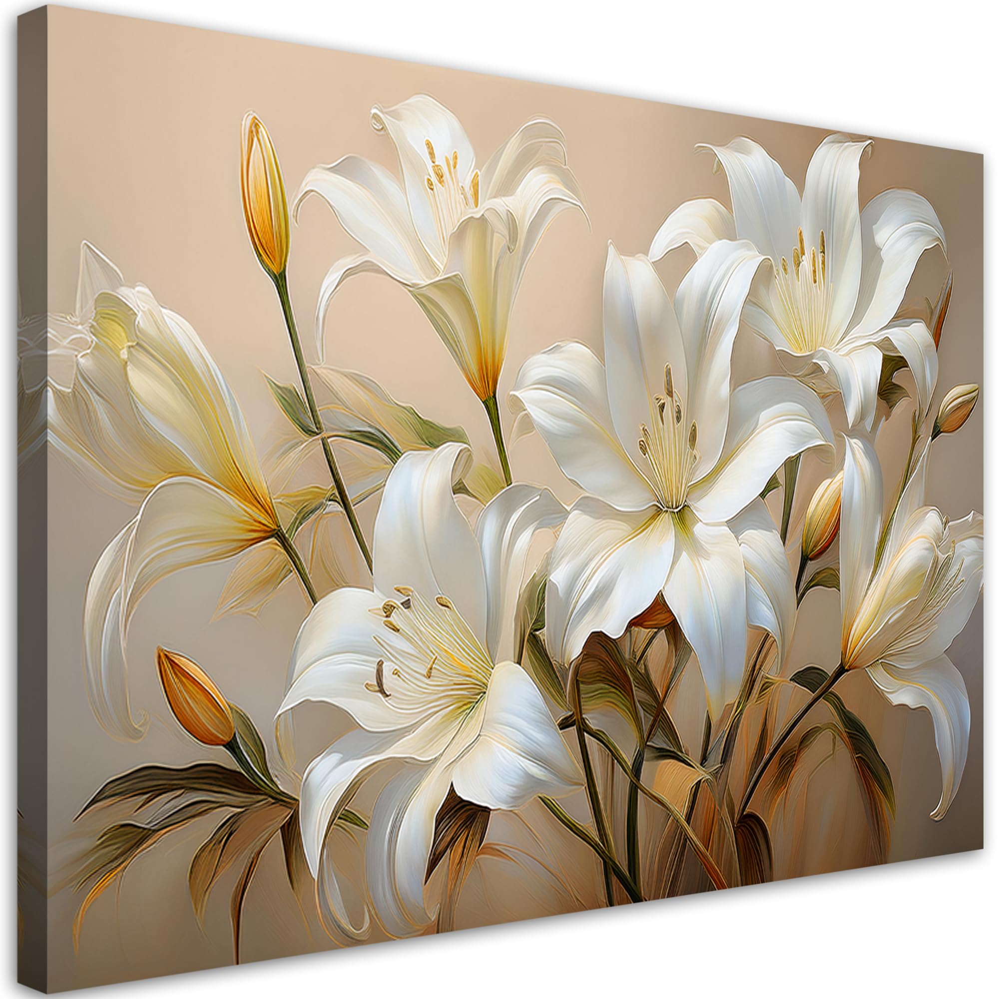 Feeby - Impression sur Toile - Deco Tableau Murale Intissé - Bouquet de lys blancs Fleurs Plantes - 90x60 1partie - Photo Peinture - Pour Chaque Pièce de Votre Appartement