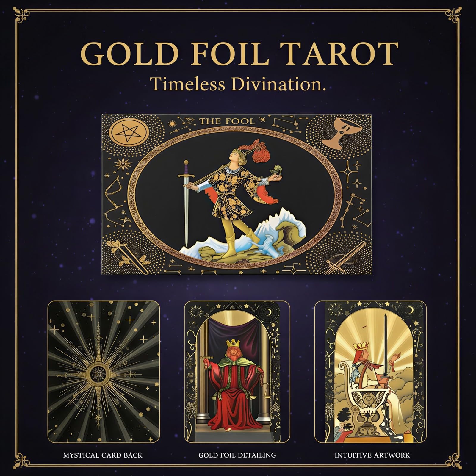 78 Karten Tarotkarten-Set, schwarzes PET, wasserdicht, Goldfolie, Klassische Designs, PVC-Karten mit Ständer, ENGL. Anleitung, Geschenkbox, 5,4 x 3,3 x 1,9 in, für Anfänger und Profis