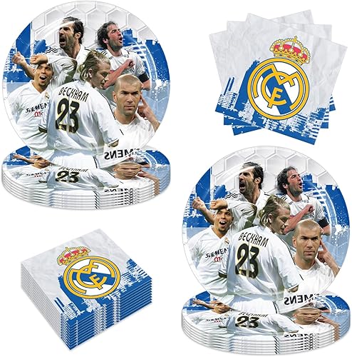 Miniatura 1 de 40 piezas de suministros para fiesta de cumpleaños del Real Madrid incluyen 20 platos, 20 servilletas para la decoración de la fiesta del Real Madrid