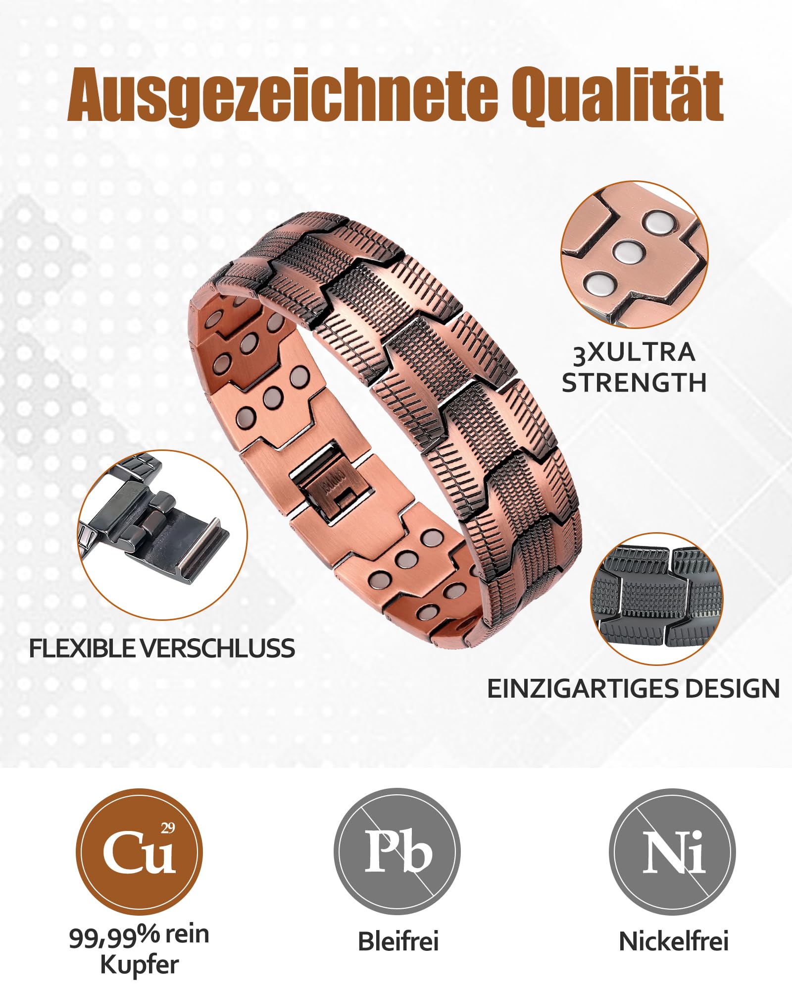Jecanori Magnet Kupfer Armband für Herren, 3 Reihe magnetische verstellbare Herren Kupfer Armband 3.500 Gauss Magneten, Ringe und Geschenkboxen (Schwarz)