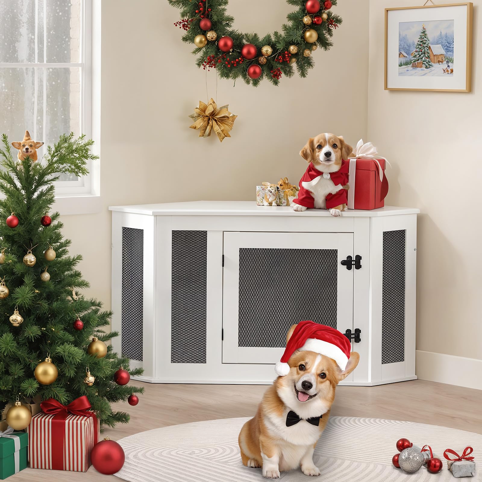 MAHANCRIS Eck Hundekäfig Möbel, Hundebox für Zuhause, im Innenbereich, 113 x 60 x 60 cm, Haustierkäfig für Kleine und Mittelgroße Hunde, Multifunktional, Vintage-Stil, Verwittertes Weiß ADCWT0801