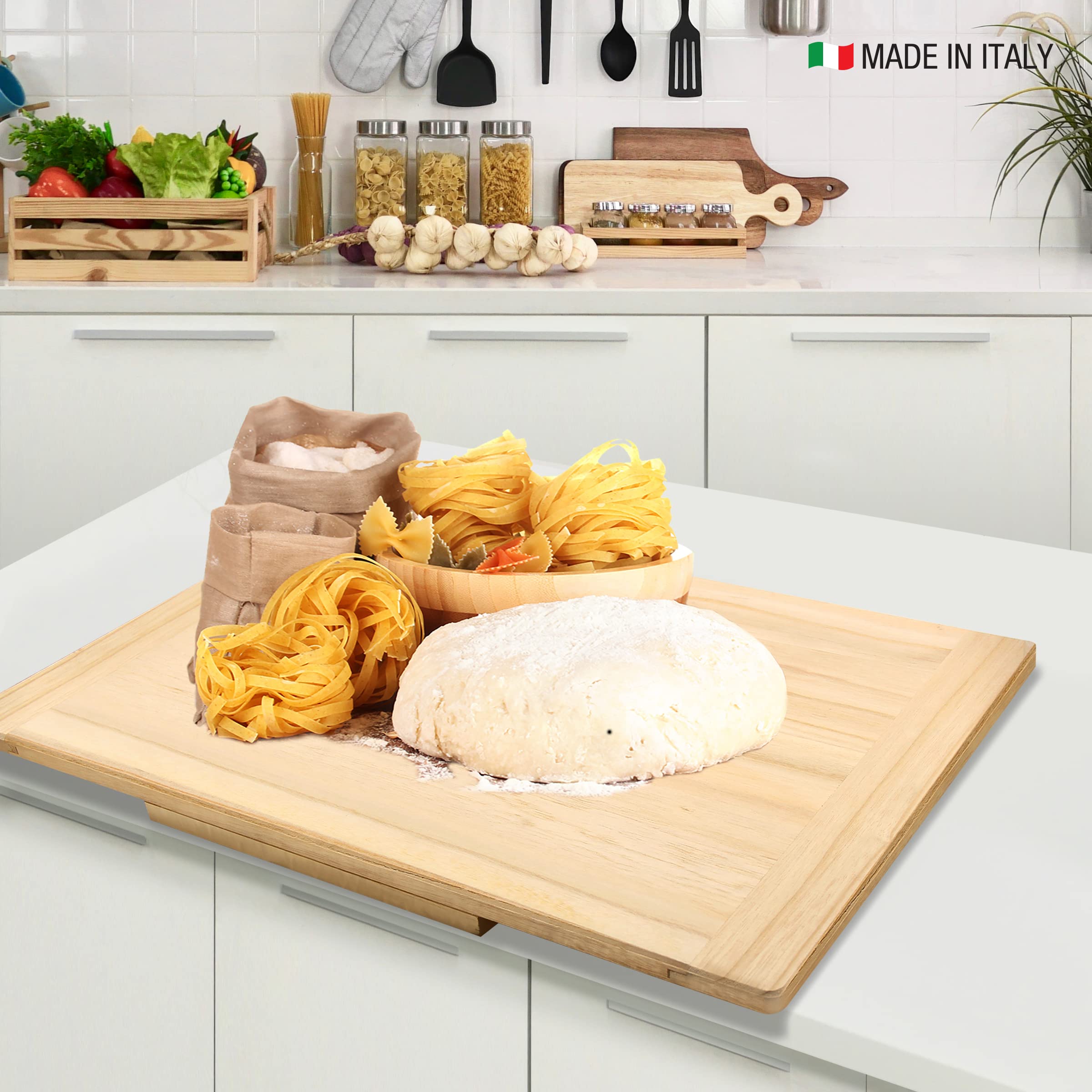 Spianatoia Massiccia Alta qualità Tagliere grande con Fermo per il piano di lavoro, in Legno Massello di Abete Naturale per Impastare stendere Pane Pizza Dolci Pasta fatta in casa 60x40x1,7 cm
