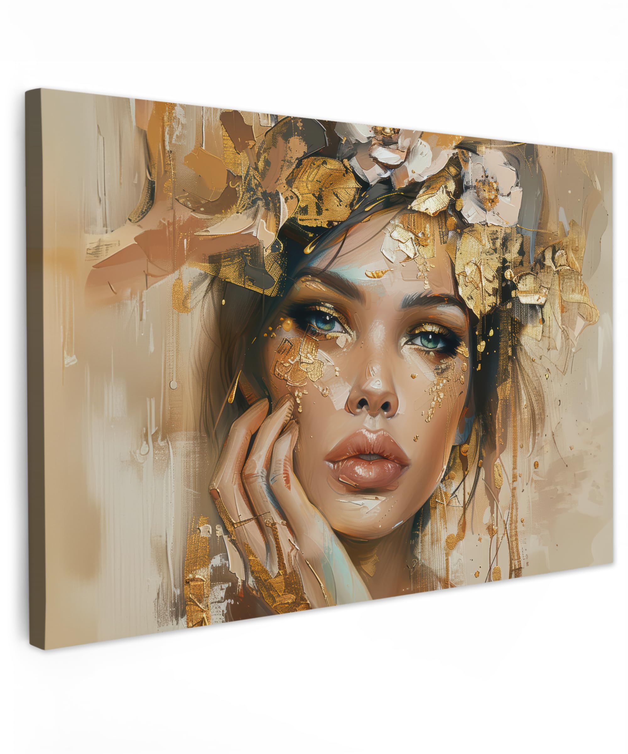 MuchoWow© Canvas Wall Art 24"x16" / 60x40 cm Decor Paintings Print framed on Canvas Pictures for Hallway Woman - Flowers - Gold - Portrait