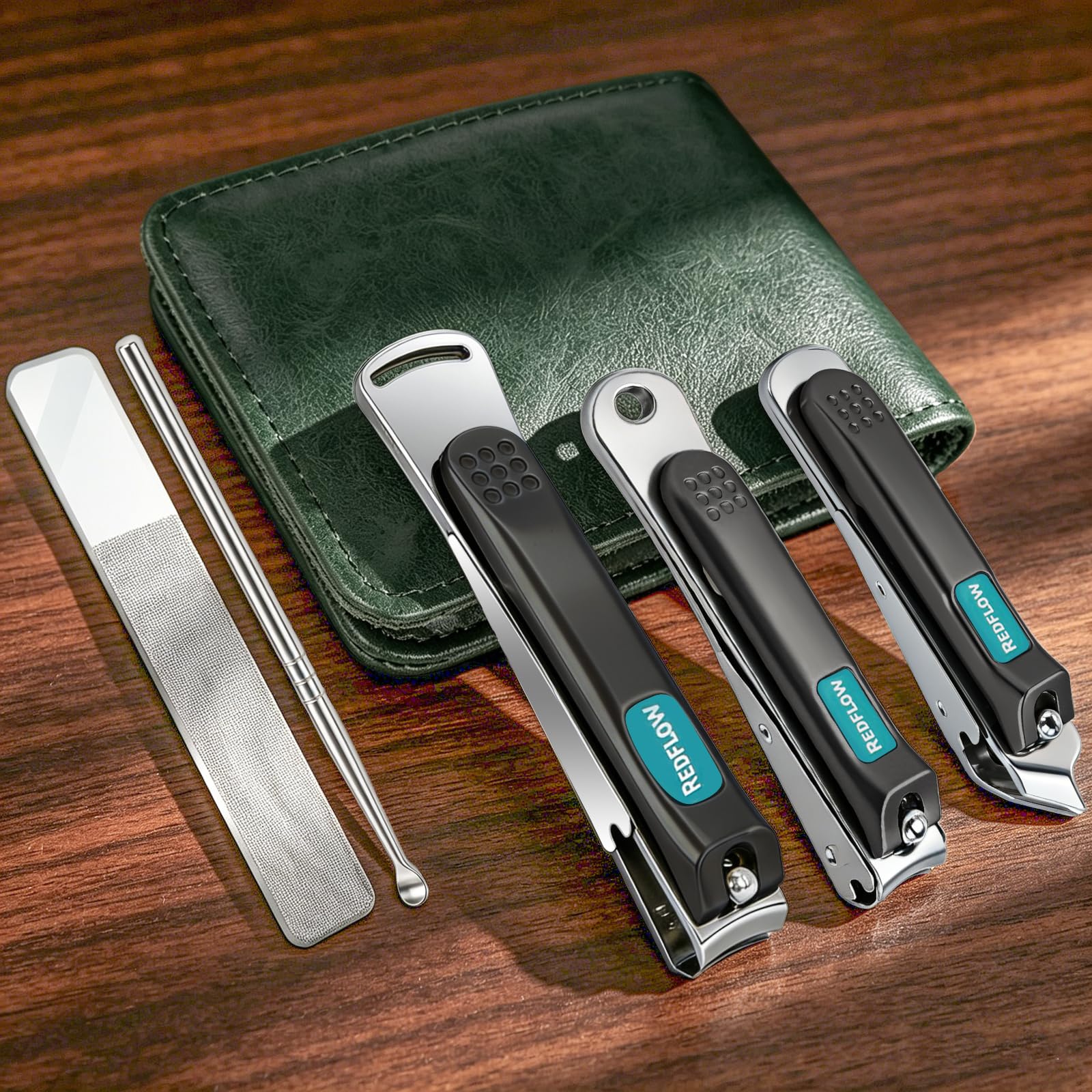 Nail Clippers Set (5 Pack), Including 1 Stainless Steel Nail Clipper, 1 Angled Toenail Clipper, 1 Large Fingernail Clipper, 1 Nano Nail File, and 1 Ear Pick; Suitable Nail Clippers for Men(Black)