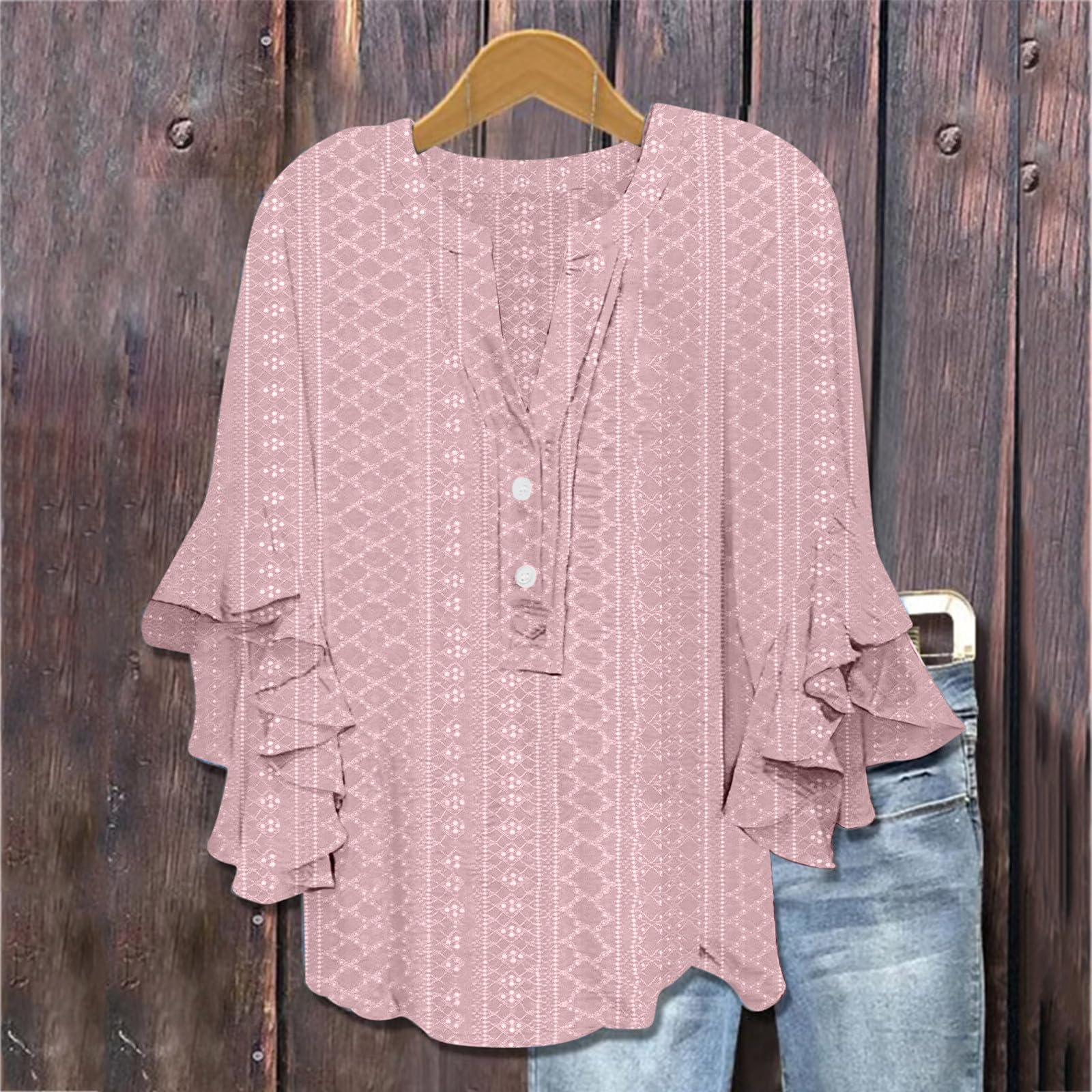 Women's Eyelet Tops V-Neck Ruffle 3/4 Sleeve Blouse Casual Loose Button Up Henley Shirts Boho Flowy Beach Clothes — view 2