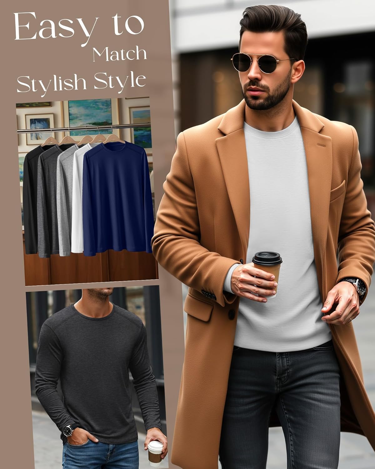 5 Pack Men's Big and Tall Shirts, Long Sleeve Tees Solid Casual Basic Tops Soft Crew Neck T Shirts - Image 2