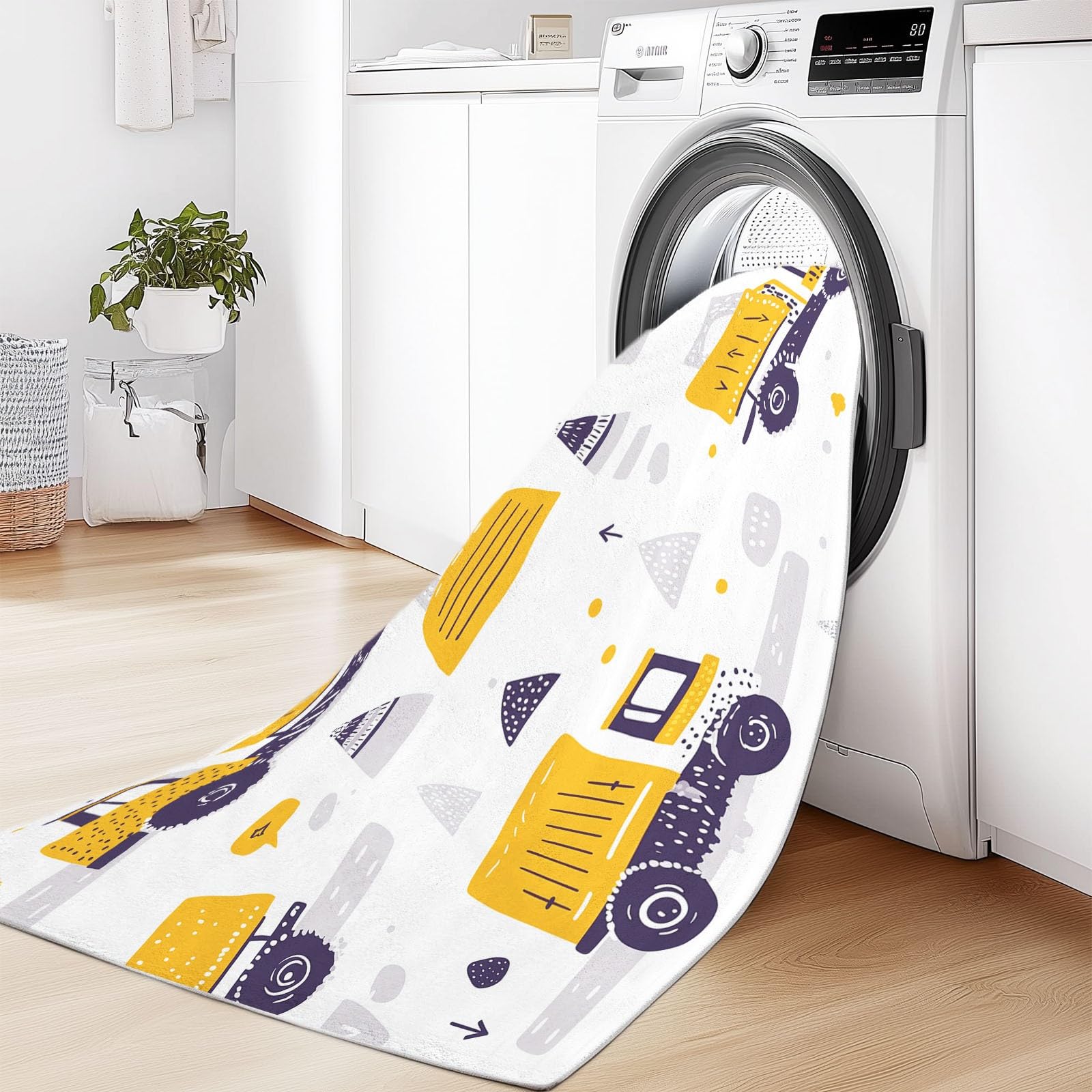 Tappeto Lavabile 160 x 230 cm Cartoon Giocattoli Veicoli da Costruzione, Tappeto Antiscivolo Pelo Corto Bianco - Tappeti Antimacchia Resistente, Tappeti per Soggiorno Cameretta Bambini Animali