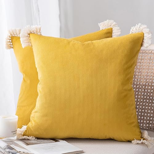 Phantoscope Paquete de 2 fundas de almohada de pana suave decorativas de terciopelo a rayas con borlas de algodón, fundas de almohada ultra sólidas,