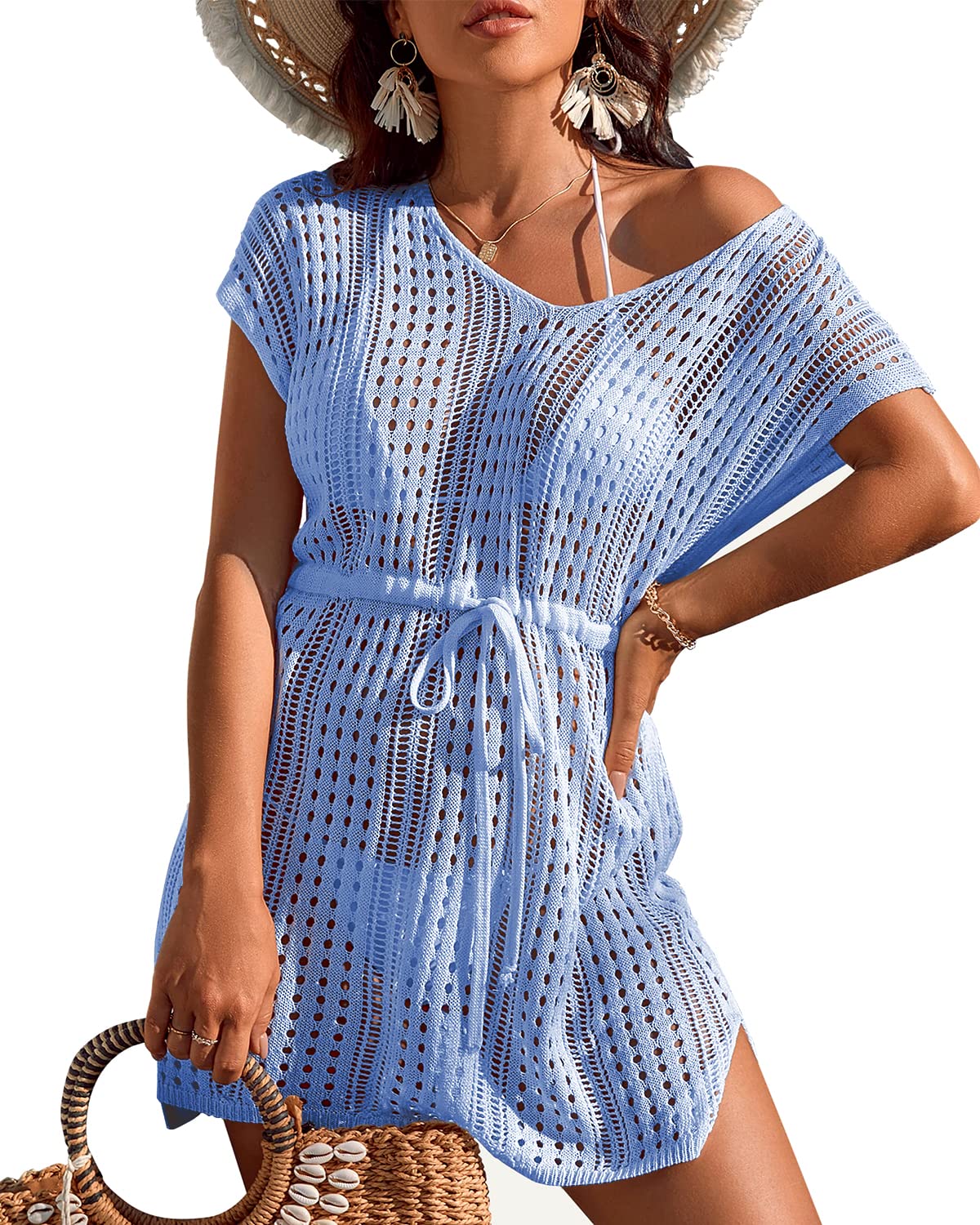 Rayson Mujer Vestido de Playa Ganchillo Bikini Cover up con Cuello en V Cubrir Blusa Camisolas Traje de Baño Vestido Punto Hueco
