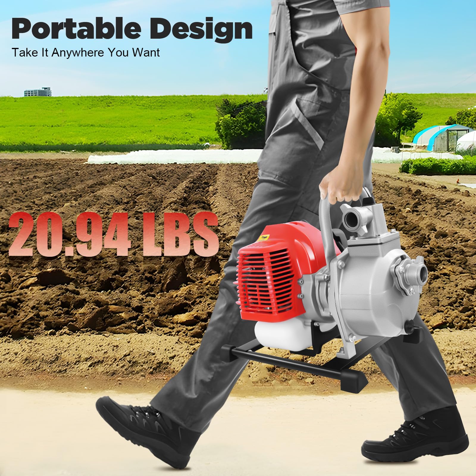 Pompa dell'acqua a benzina da 1 pollice con altezza di 30 m e altezza di aspirazione 8 m, motore a 2 tempi, portata 8100 l/h, pompa da giardino con tubo di ingresso da 2 m