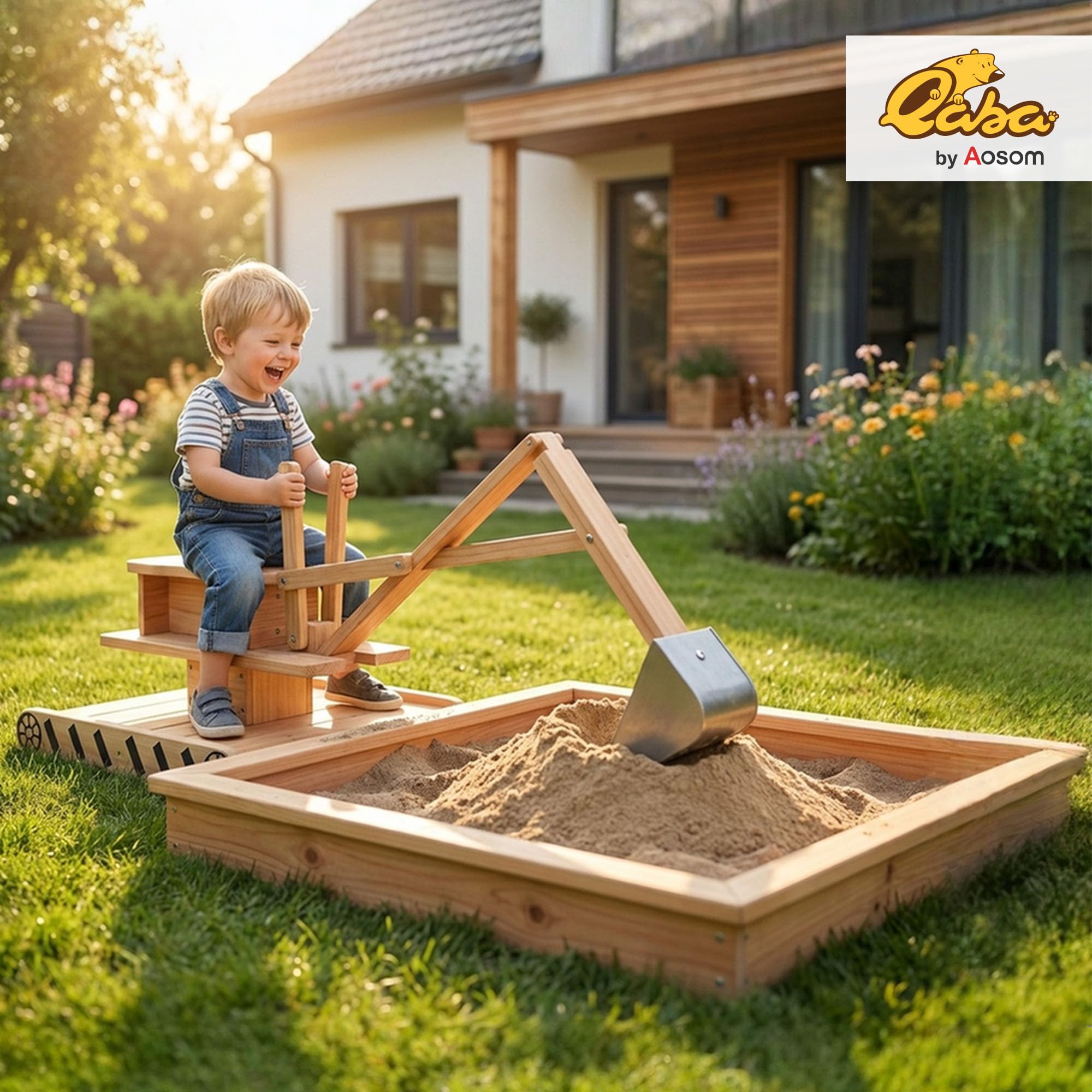 Qaba Caja de arena de madera con excavadora, caja de arena para niños al aire libre con asiento giratorio de 360°, pozo de arena de madera de abeto con forro inferior para niños de 3 a 6 años, 72 x 35