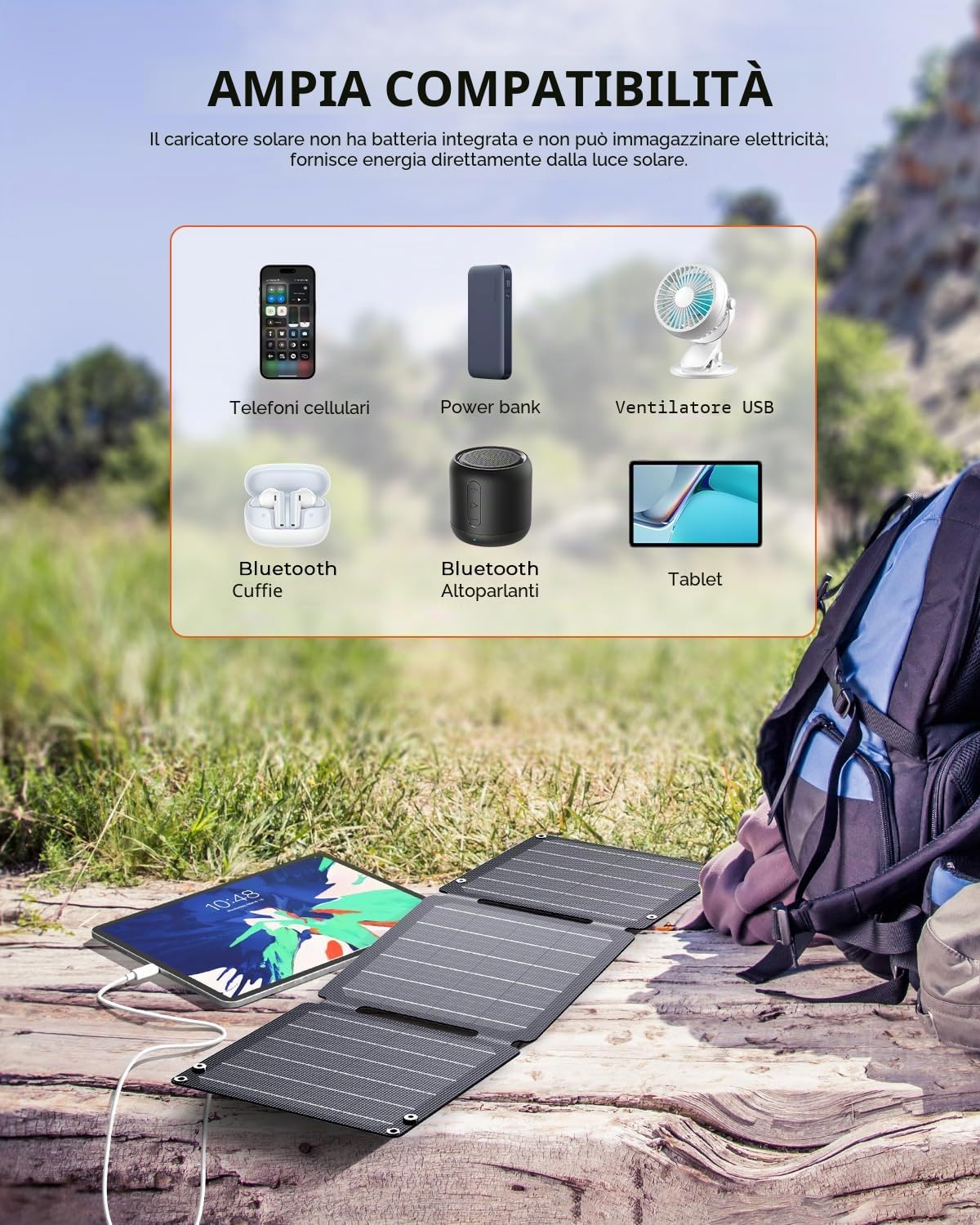 Caricabatterie Solare da 21W (5V/4,2A), BigBlue Caricatore Solare Portatile con USB-A e USB-C, Impermeabile IP68 Pannello Solare para Camping, Compatibile con Cellulare, Batteria Esterna ecc.