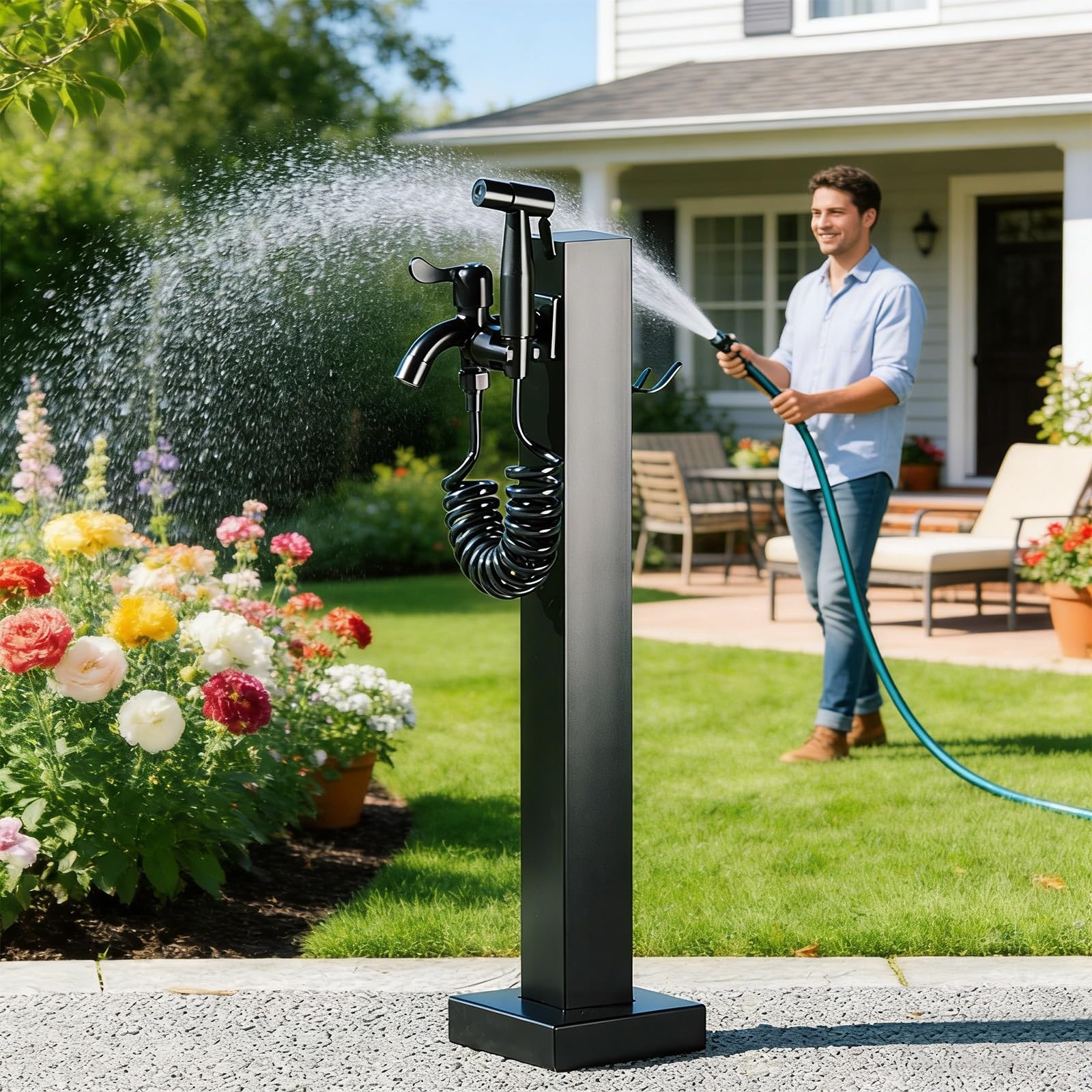 Genérico Columna de Agua Vertical Independiente para jardín Exterior con Grifo y Pistola rociadora: Soporte Ideal para mangueras de Patio, riego de césped y soluciones de Lavado.