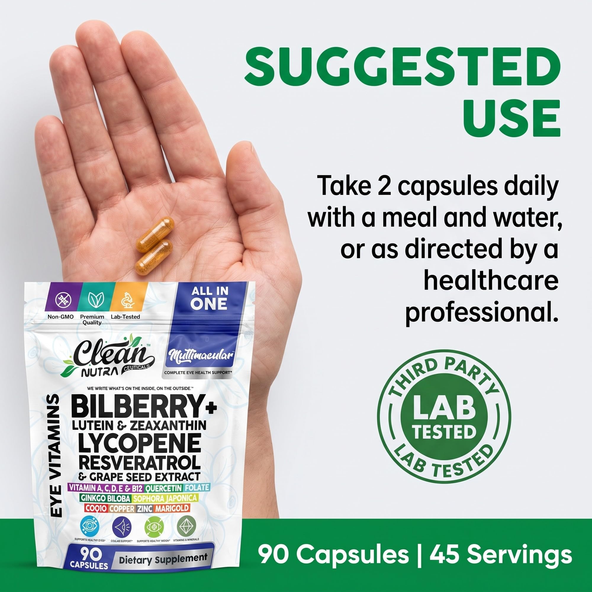 Clean Nutra Multimacular Bilberry+ Lutein Zeaxanthin Lycopene Resveratrol with Flax Seed Grape Japanese Knotweed Ginkgo Biloba Sophora Japonica Coenzyme Copper Zinc Marigold Black Pepper 90 Capsules — Amazon image 6