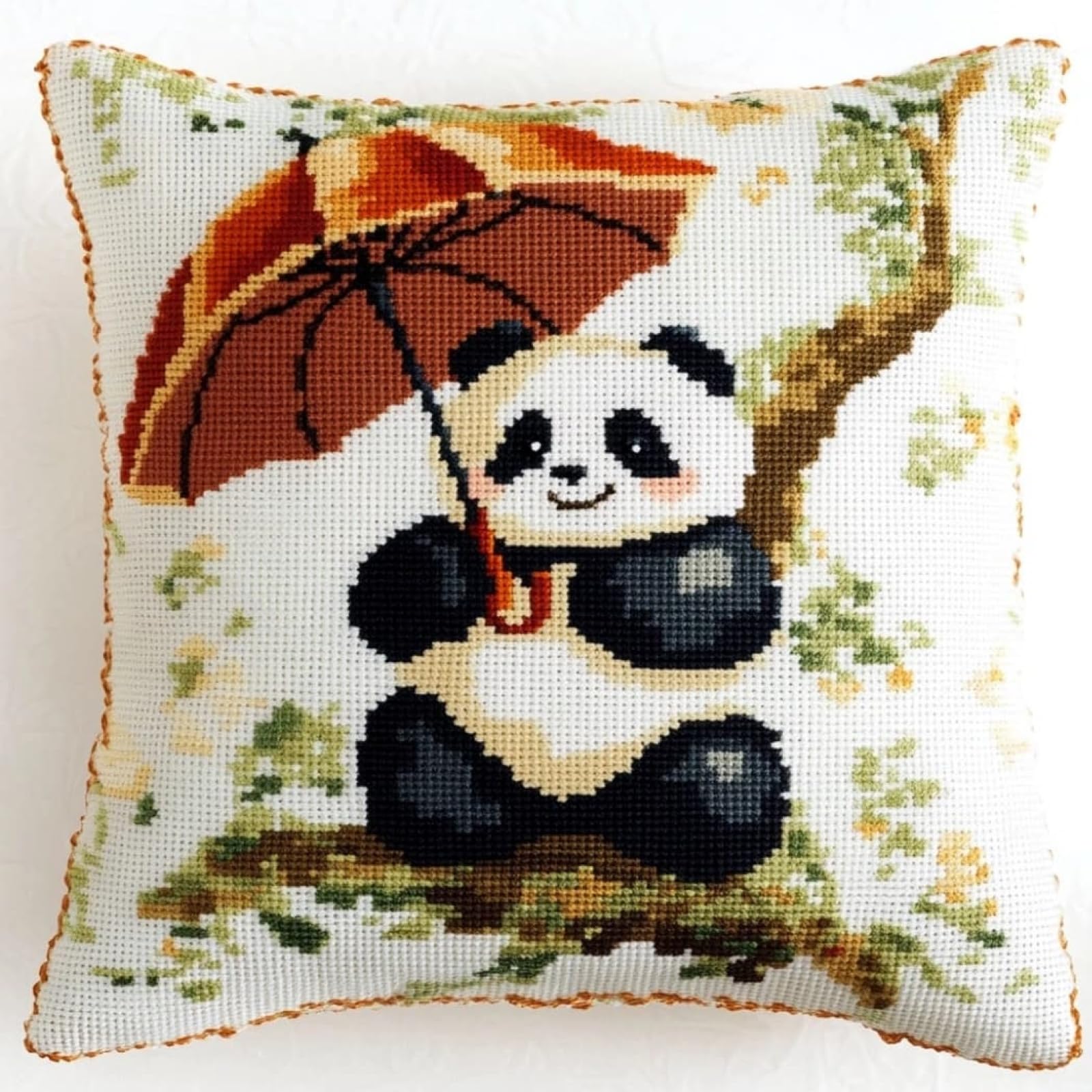 WallustrioaW Cross Stitch for Embroidery kit,Panda with an Umbrella,Fabric Throw Pillow Cushion Cover,45x45cm Cross-Stitching Embroider Needlework Kits