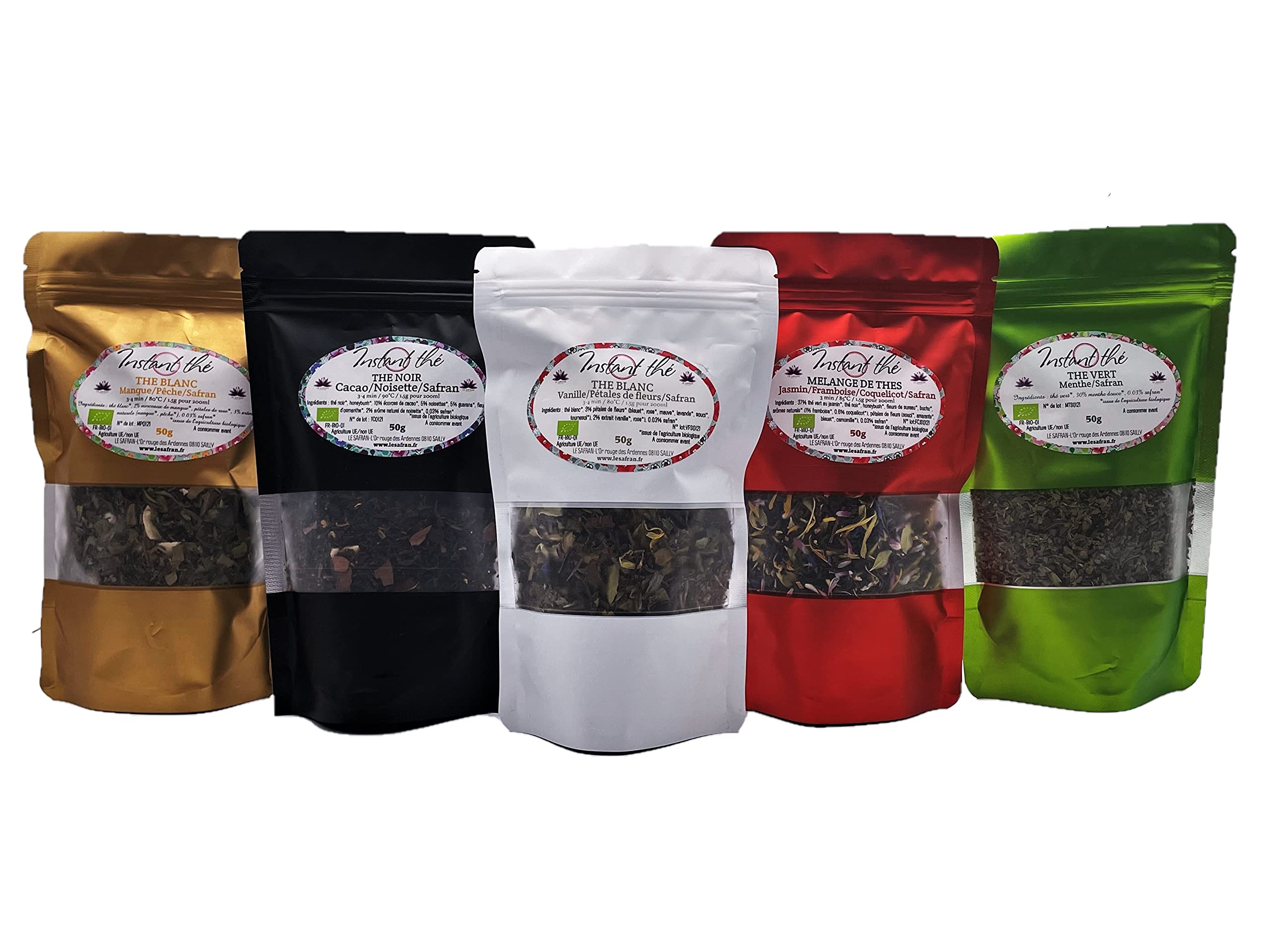 Assortiment de thés au safran, thé vert, thé noir et thé blanc BIO