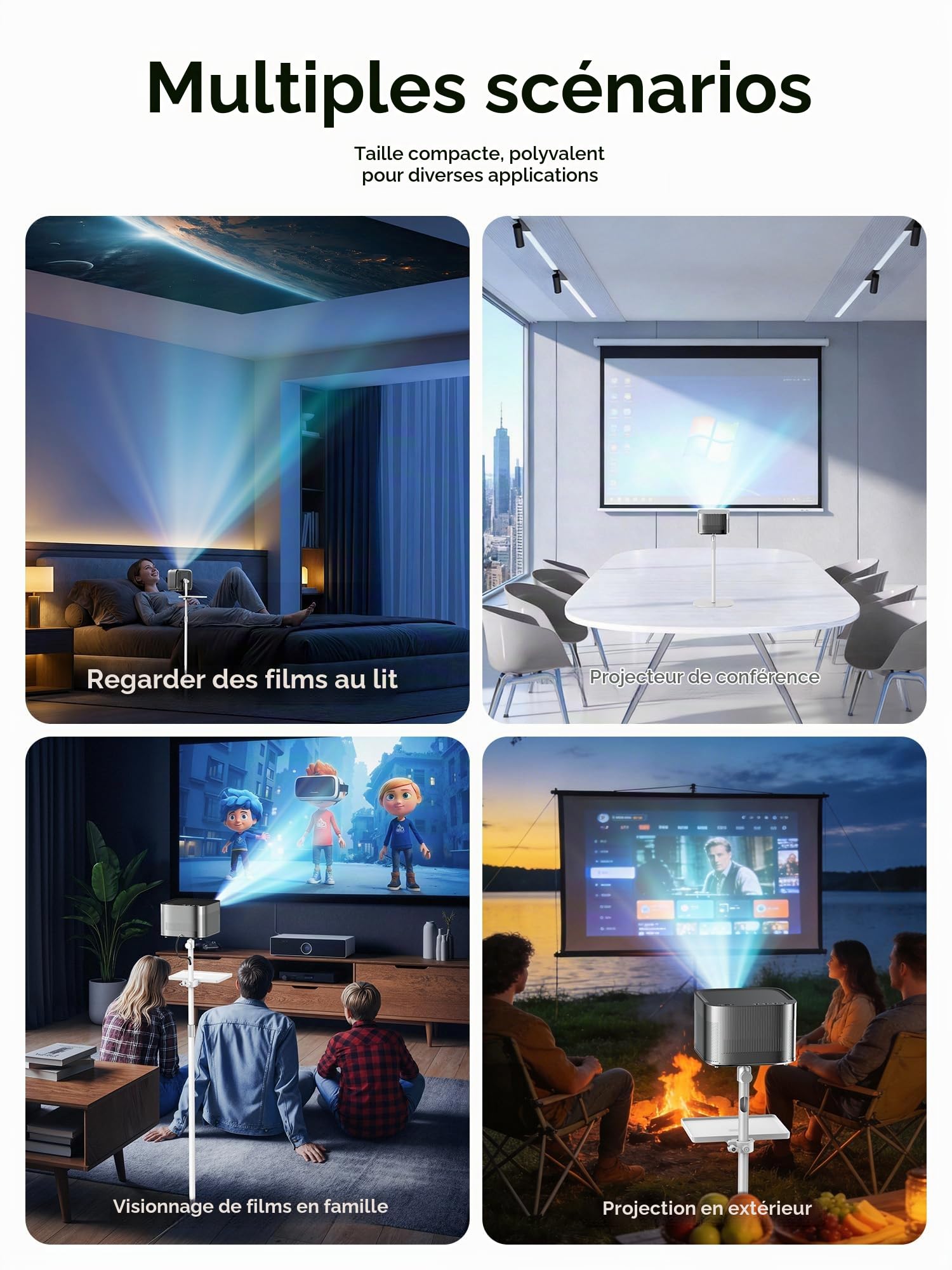 Support de projecteur au sol, hauteur réglable de 40 à 120 cm, tête pivotante à 360°, support métallique avec vis 1/4", compatible avec projecteurs, appareils photo (Blanc)