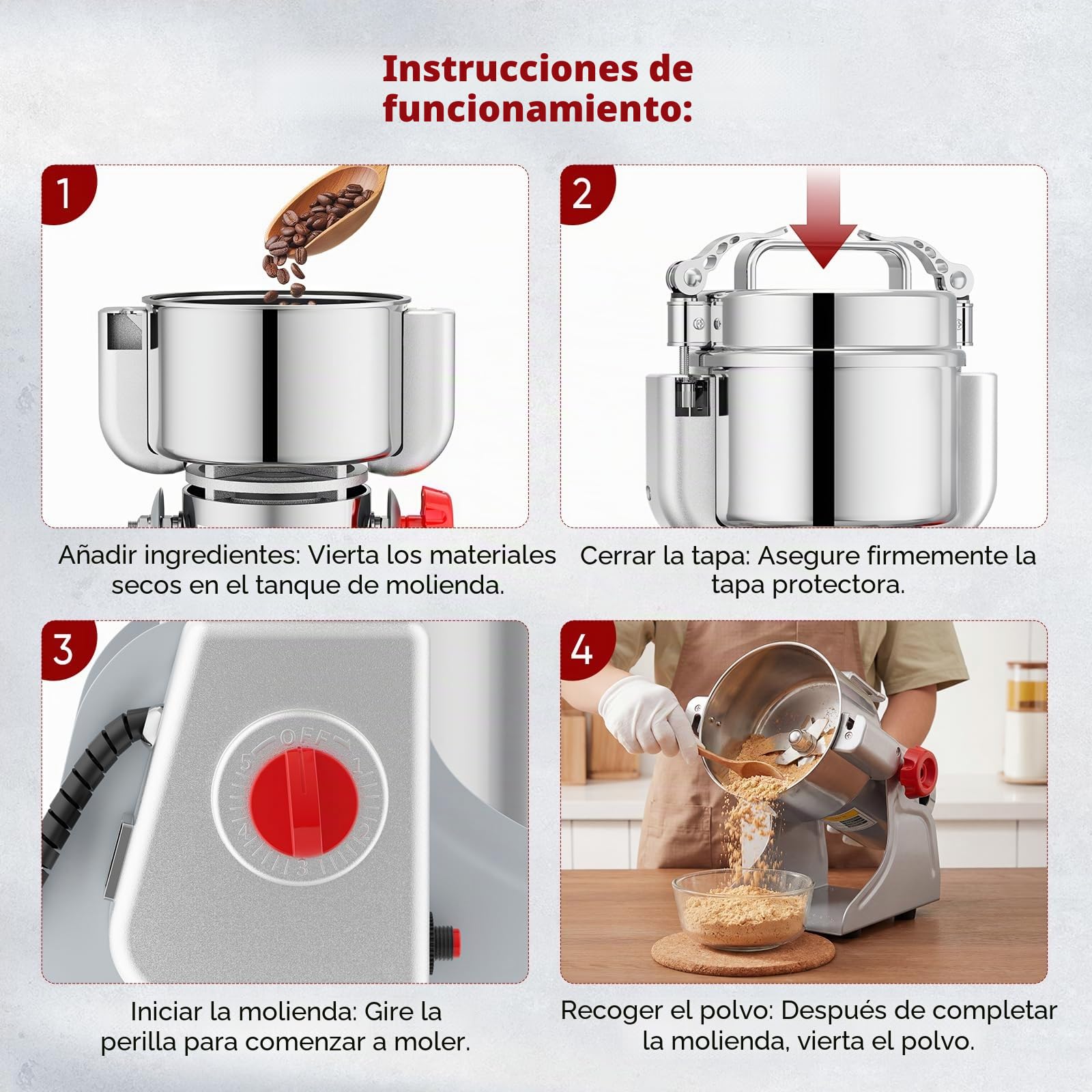 1000g Molino de Cereales, Agitar para Moler, Molino de Cereales Eléctrico para Especias/Frutos Secos/Cereales con Protección Contra Sobrecargas