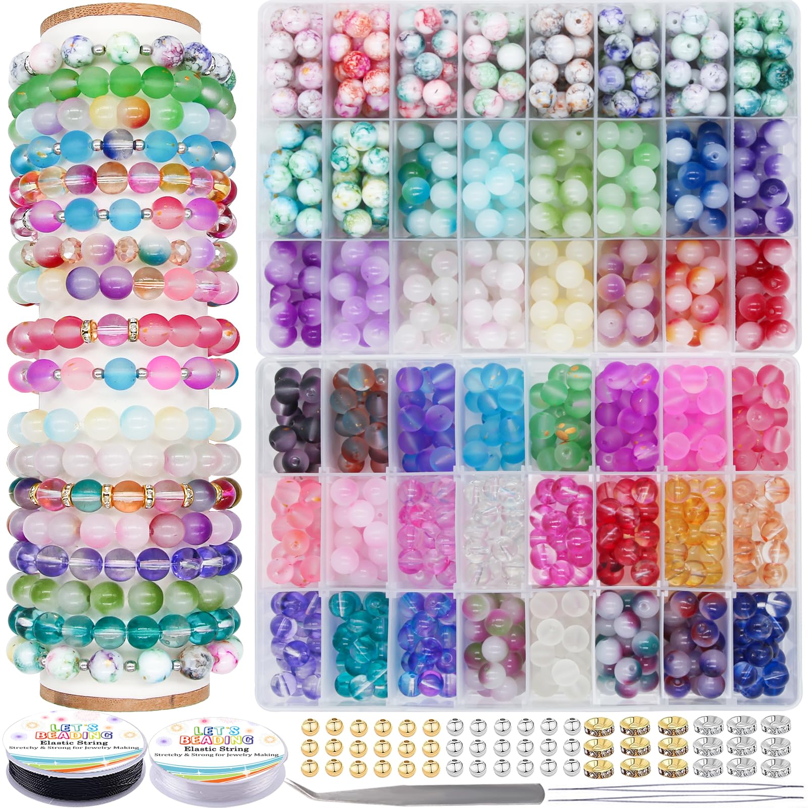 LET'S BEADING Multi-Style Loose Glass Bead Set for DIY Jewelry Making Include Crystal Jade Frosted Transparent Beads with Spacers Beads Elastic Strings for Bracelet Necklace Earring (10mm/48 Colors)