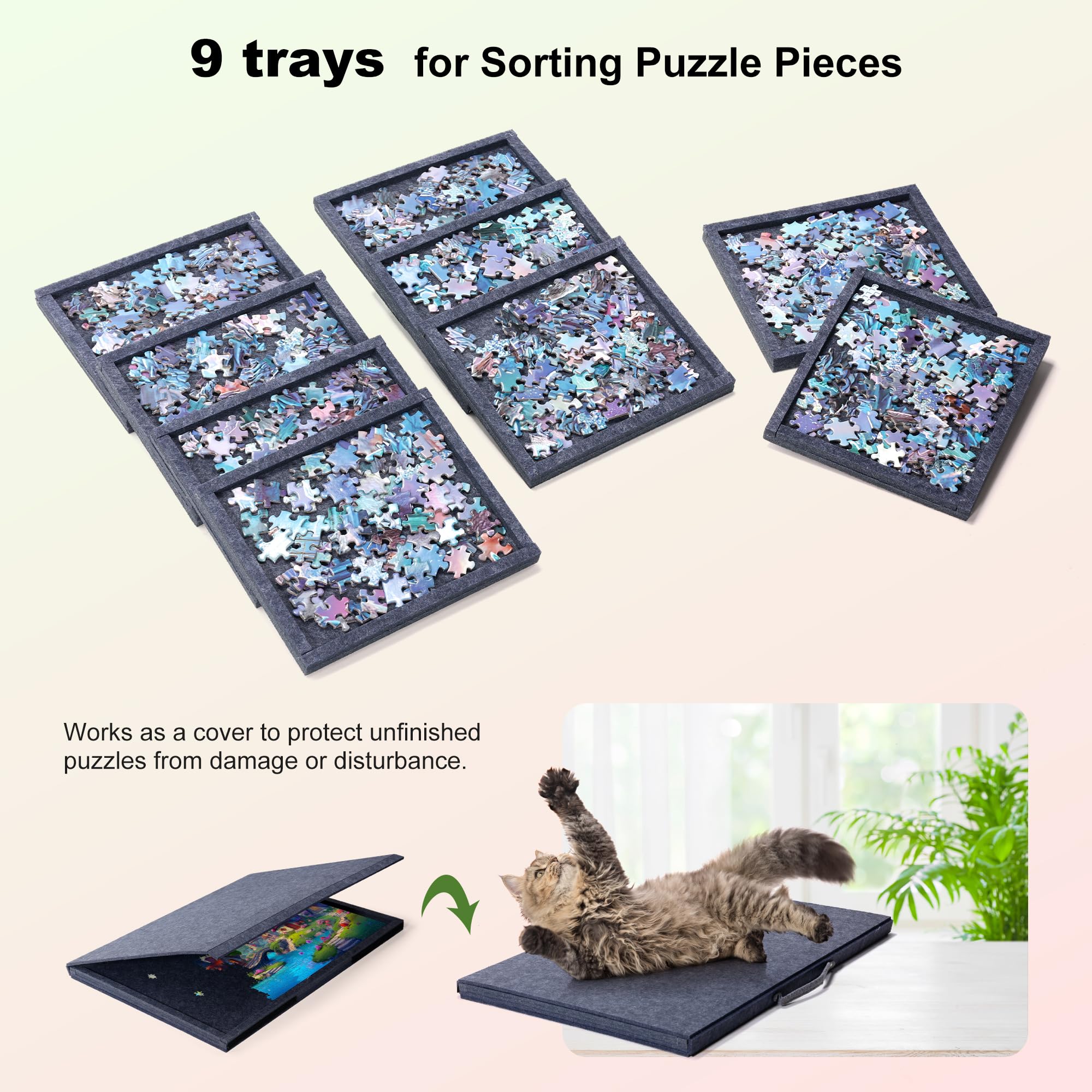 PP OPOUNT Filz Puzzlebrett für Puzzle bis 1000, Graues Neigbares Filz Puzzlebrett 2-in-1 Design Ständer und Abdeckung, Tragbares Puzzle Tisch mit 9 Entnahme-Sortierschalen Puzzletisch für Erwachsene