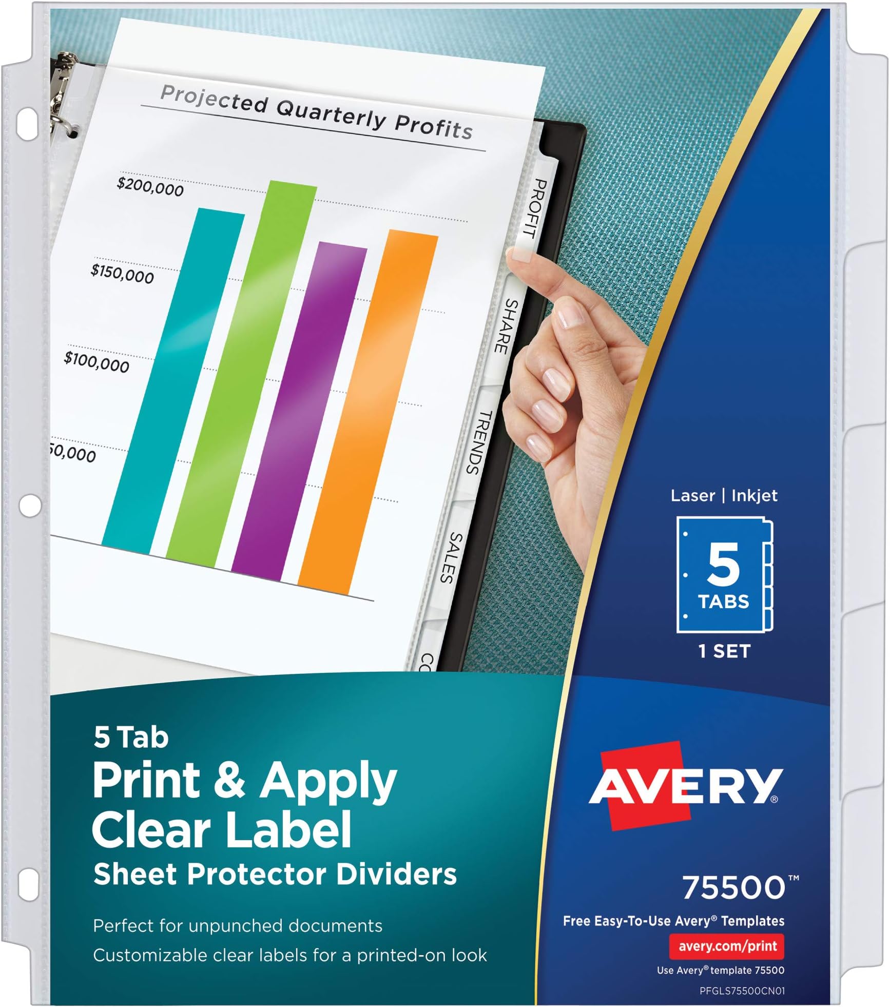 Avery 5-Tab Sheet Protector Dividers, Easy Print & Apply Clear Labels, Index Maker, White Tabs, 1 Set (75500)