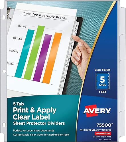 Avery Separadores protectores de hojas transparentes de 5 pestañas para carpeta de 3 anillas fácil de imprimir y aplicar tiras de etiquetas