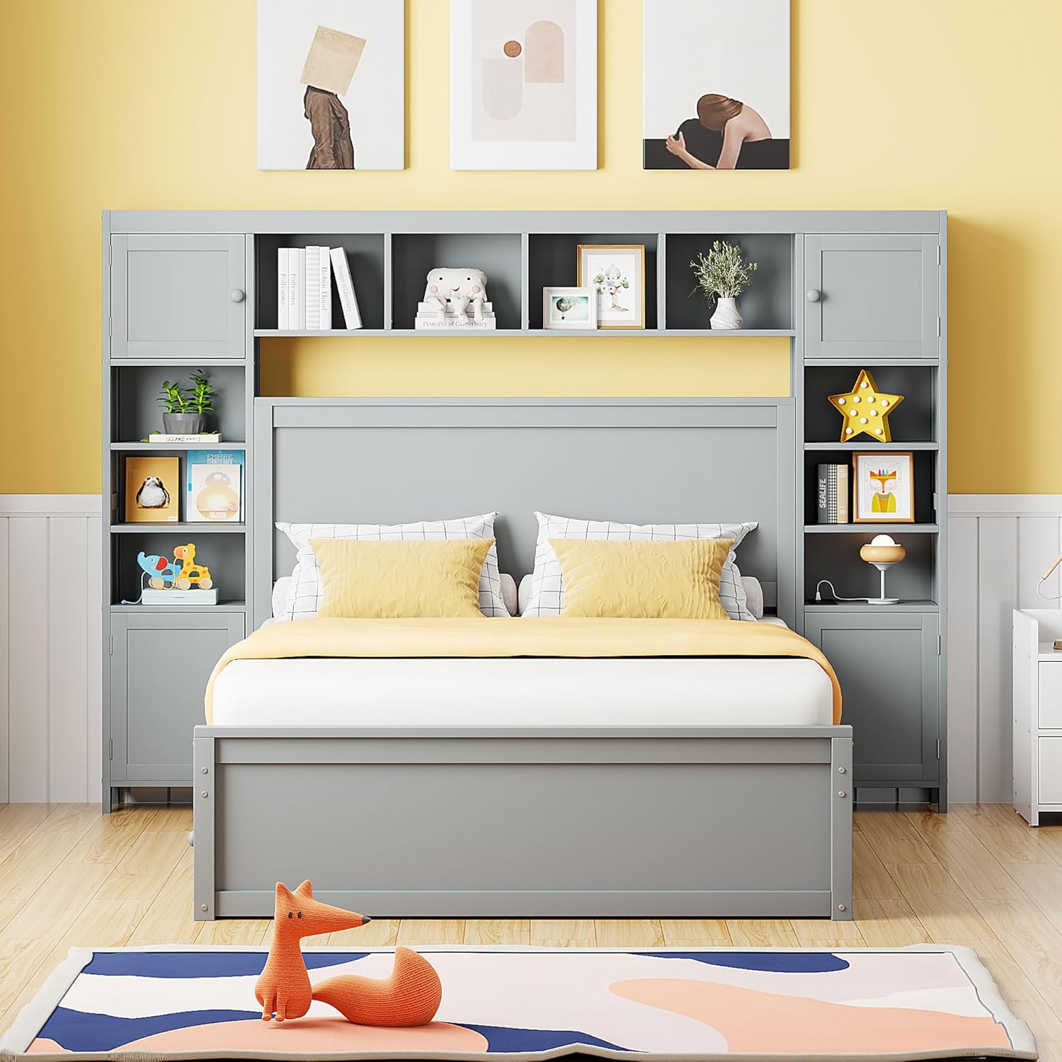 Gray Full Platform Bed with Storage and Trundle