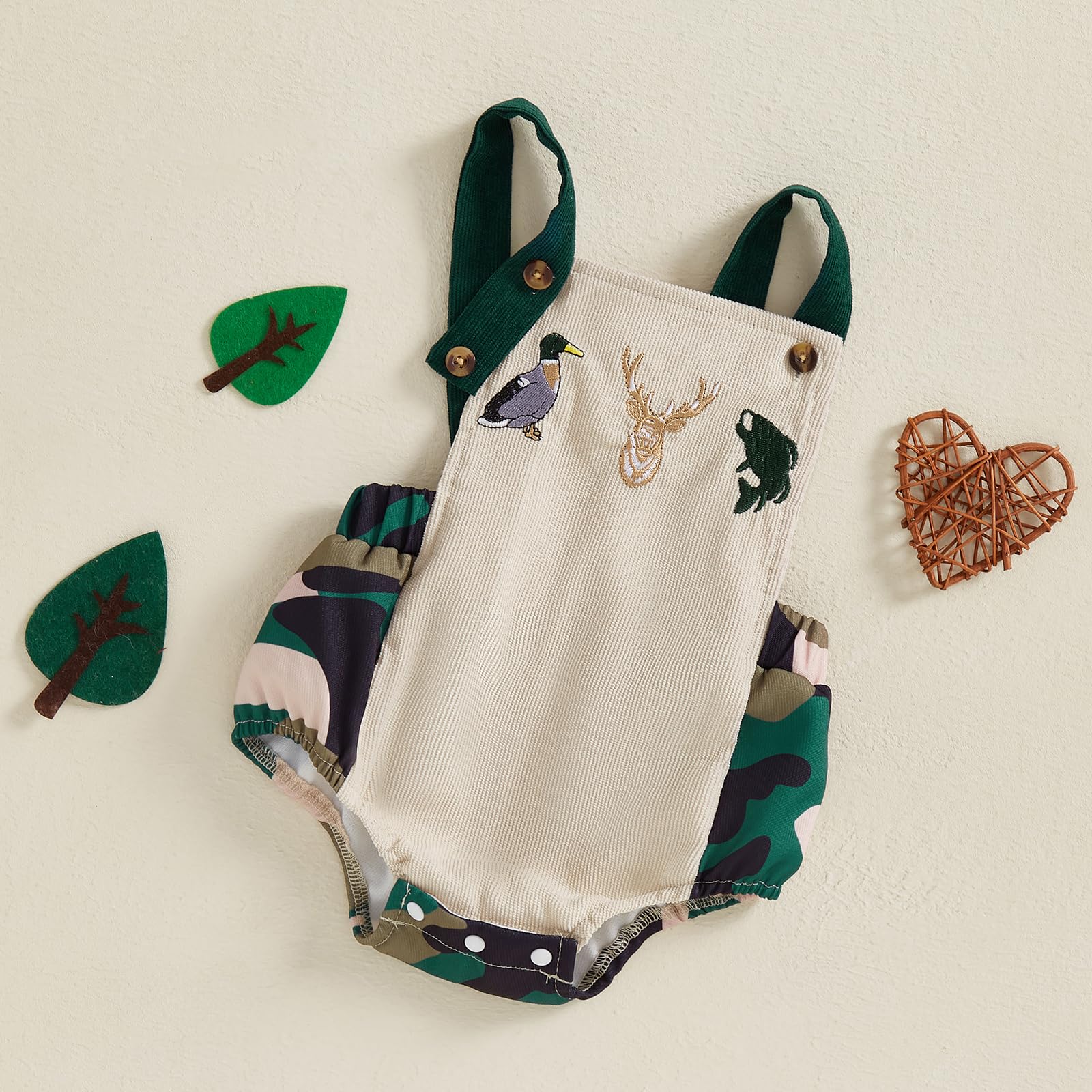 Kodaruber Newborn Baby Boy Farm Outfit Animal Embroidery Romper Sleeveless Square Neck Overall Infant Summer Clothes(Camouflage,3-6 Months)