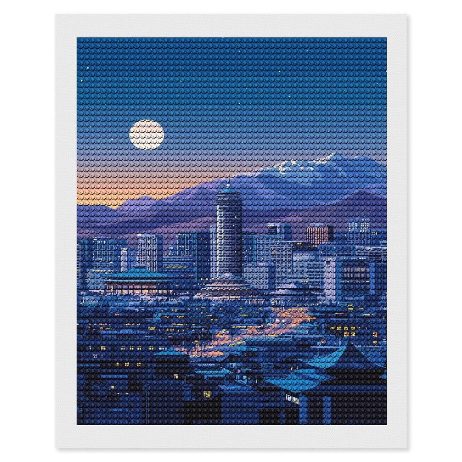 Junmoney Night Cityscape with Mountains and Moon Diamond Painting Kit 16"x20", Easy Handmade Project, Easy to Enjoy, Aesthetic Room Decor, Christmas Gift