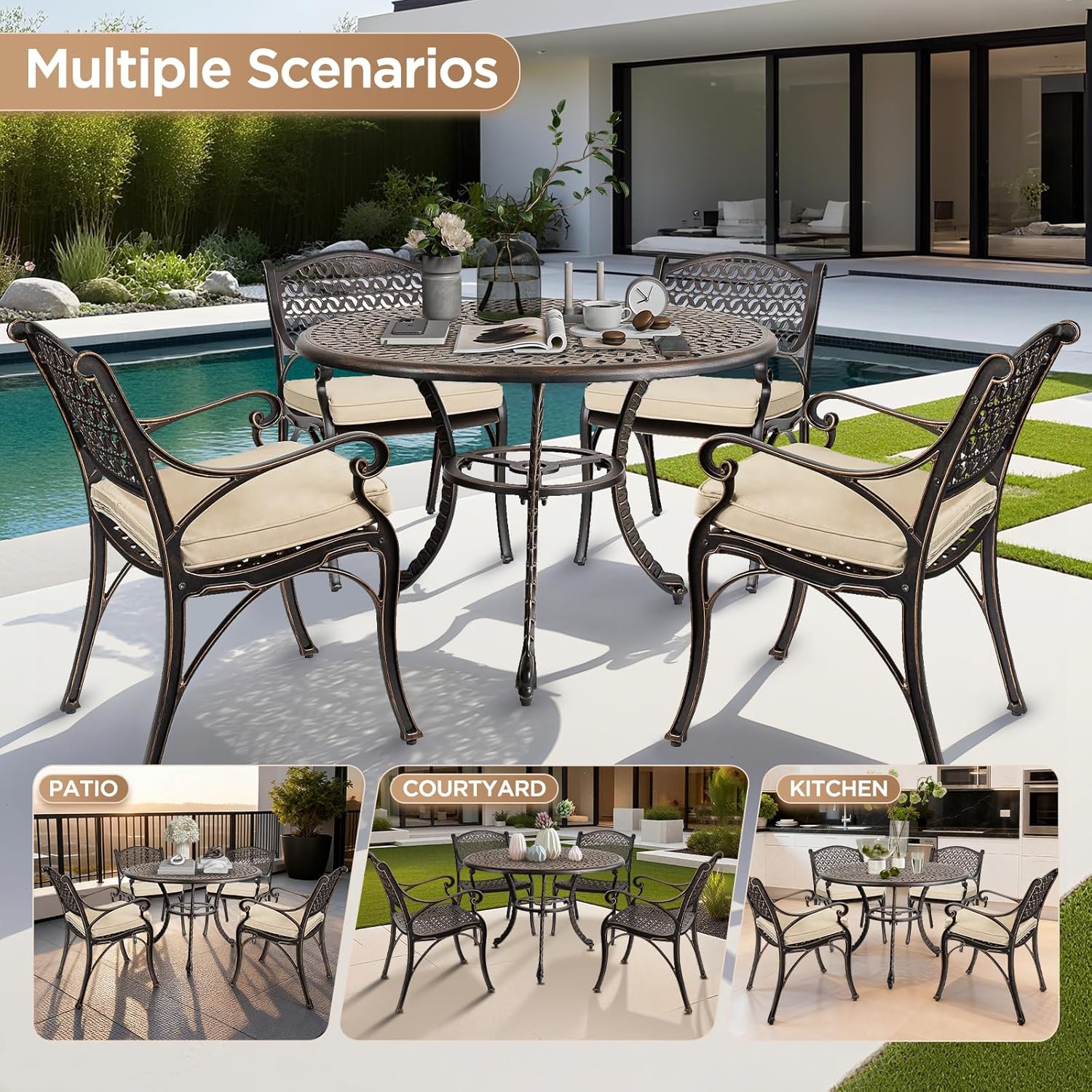 5-Piece Cast Aluminum Patio Dining Set for 4, All-Weather Round Patio Table and Chairs for 4 with Cushions, Outdoor Furniture Set with Umbrella Hole, Patio Furniture Set for Patio Deck Yard