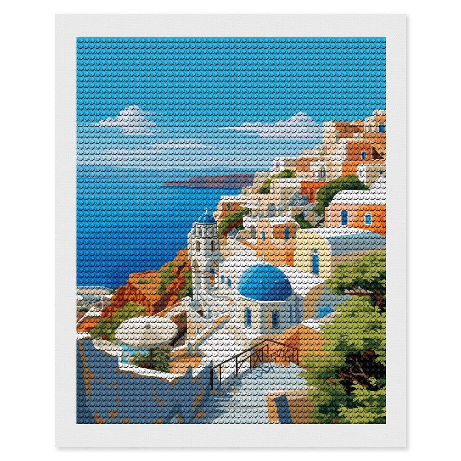 Junmoney Spring Santorini Travel Diamond Painting Canvas Kit 16"x20", Adhesive Canvas, Living Room Decor, Farmhouse Decor, Winter Craft