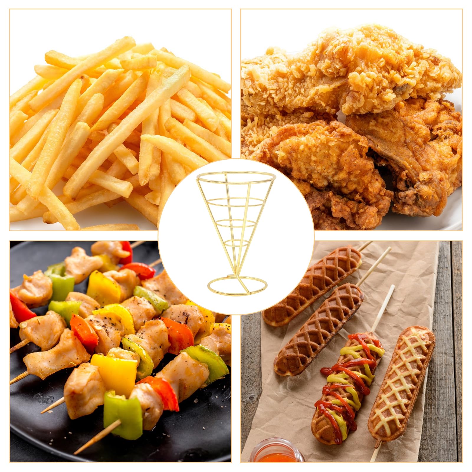 CHGCRAFT 4Pz Supporto per patatine fritte Cestino a cono porta patatine fritte Portacono in ferro Cestino per snack riutilizzabile per il ristorante della cucina del partito, Oro, 148×101×132mm