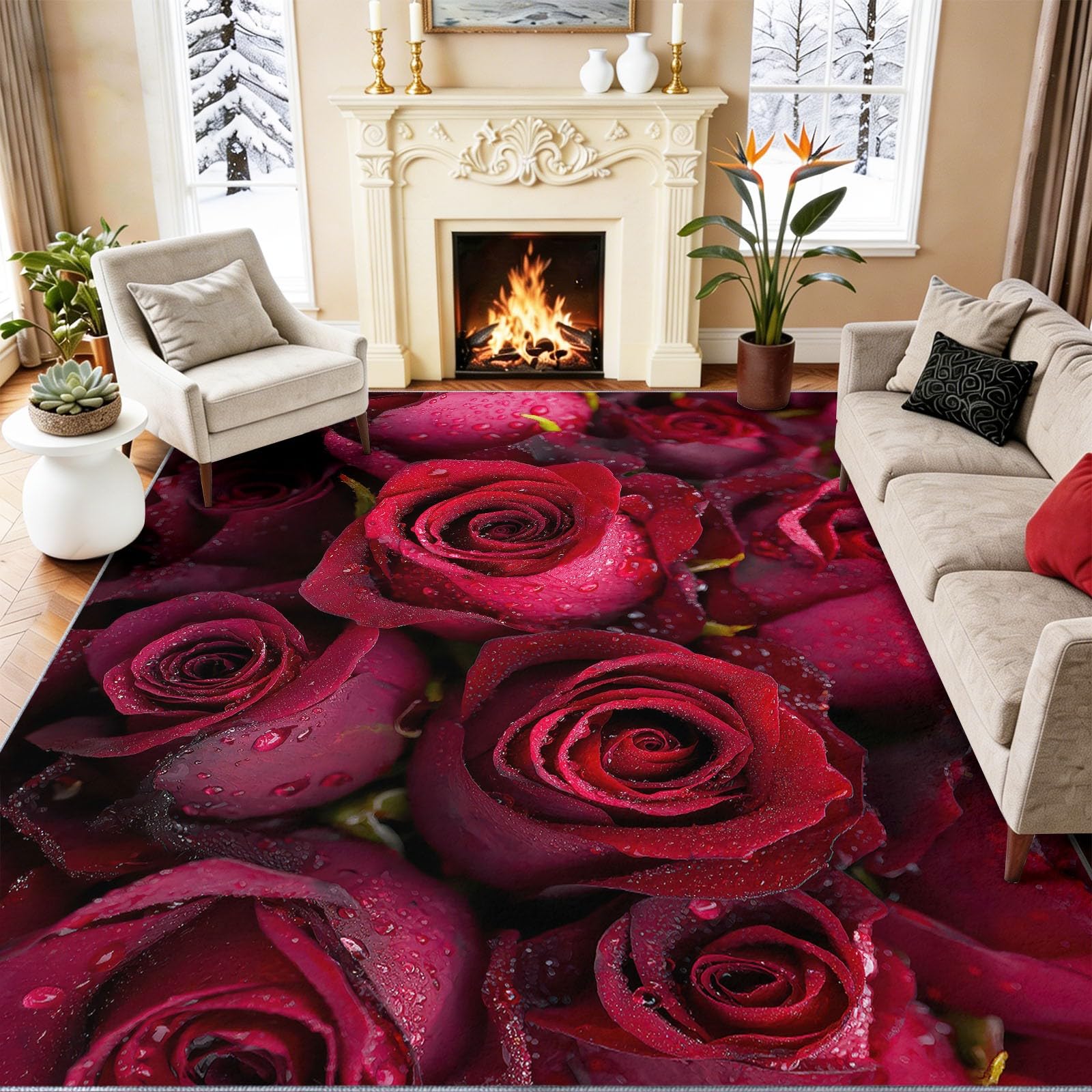 Tapis lavable en machine 160x230 cm antidérapant et réducteur de bruit motif fleurs roses