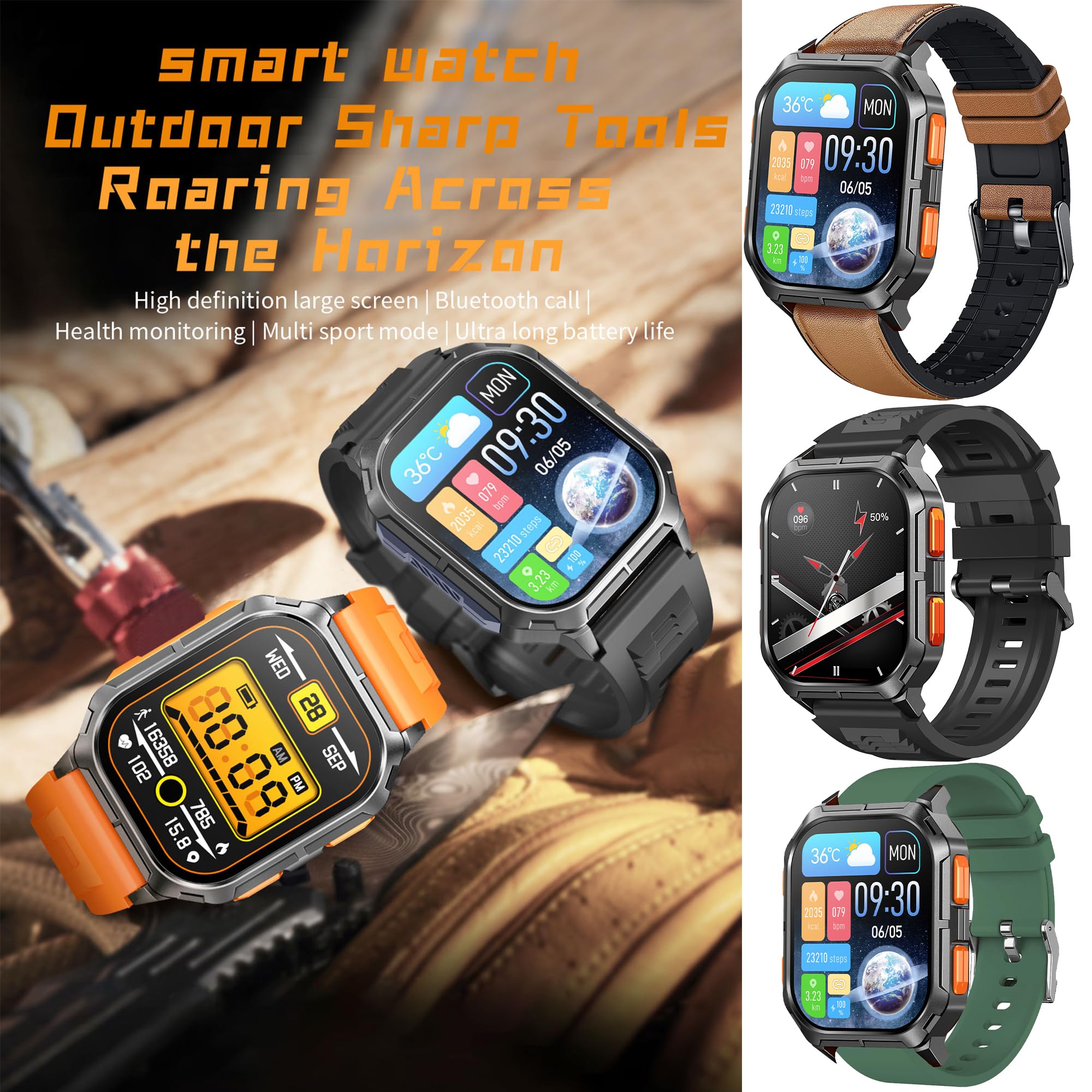 Smartwatch Inteligentny Zegarek Męski z Połączeniami, 2,01" Wodoodporny Smart Watch Sportowy Krokometr Pulsometr Ciśnienie Bransoletka Aktywność Cyfrowy Zegarek dla IOS Android (Czarny Pomarańczowy)