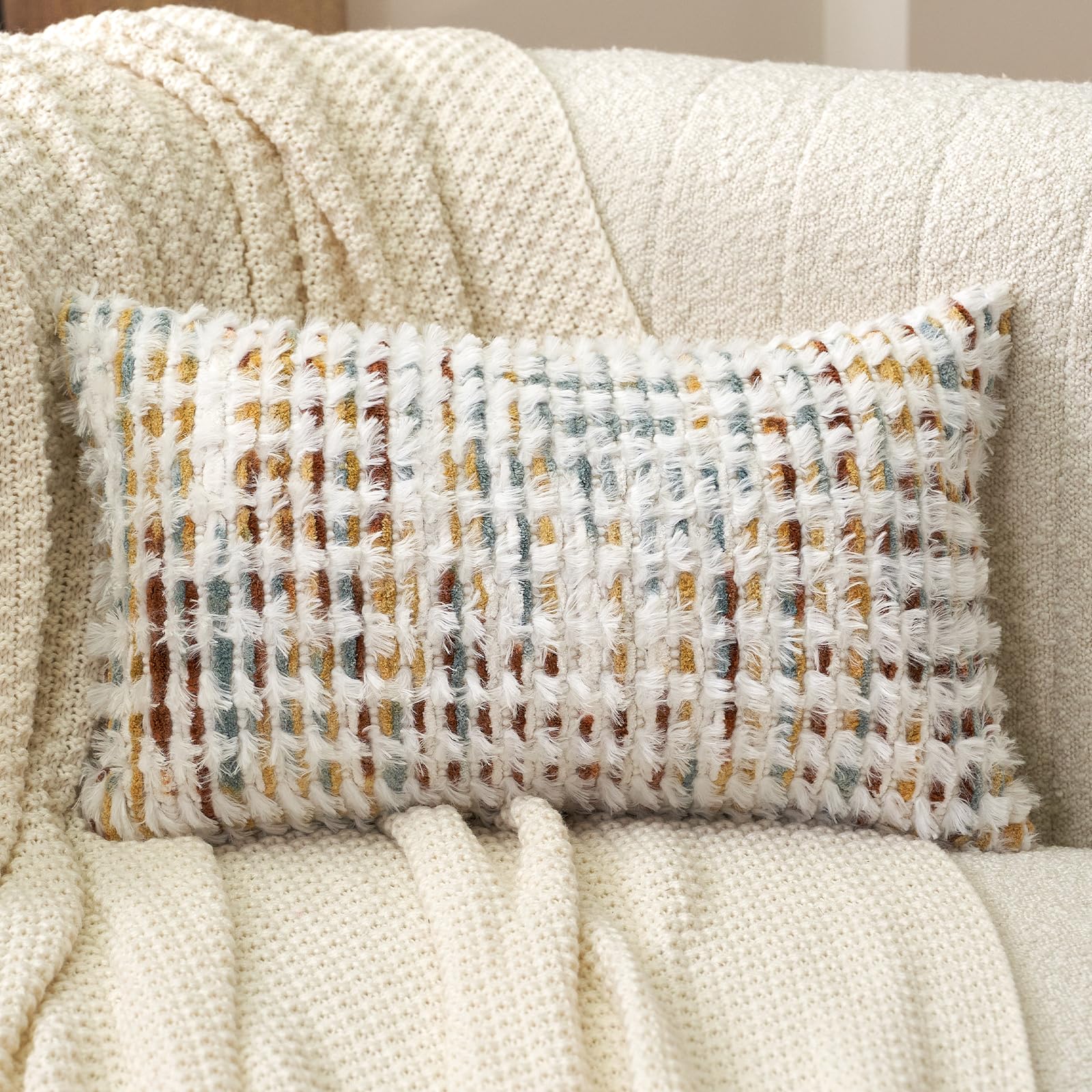 Boho Chenille Tufted Pillow Cover 12x20 Inch, Rectangle Decorative Lumbar Throw Pillow Cover Neutral Pillowcase for Couch Bedroom Living Room, Orange White