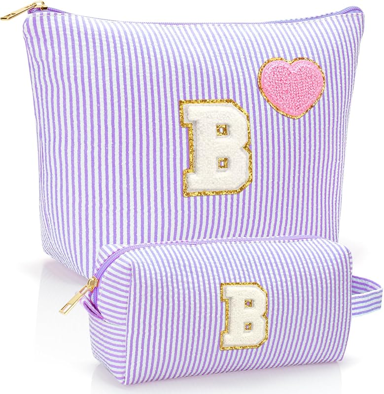 YILANCOL Kit com 2 nécessaires de maquiagem com inicial personalizada, coração roxo e zíper