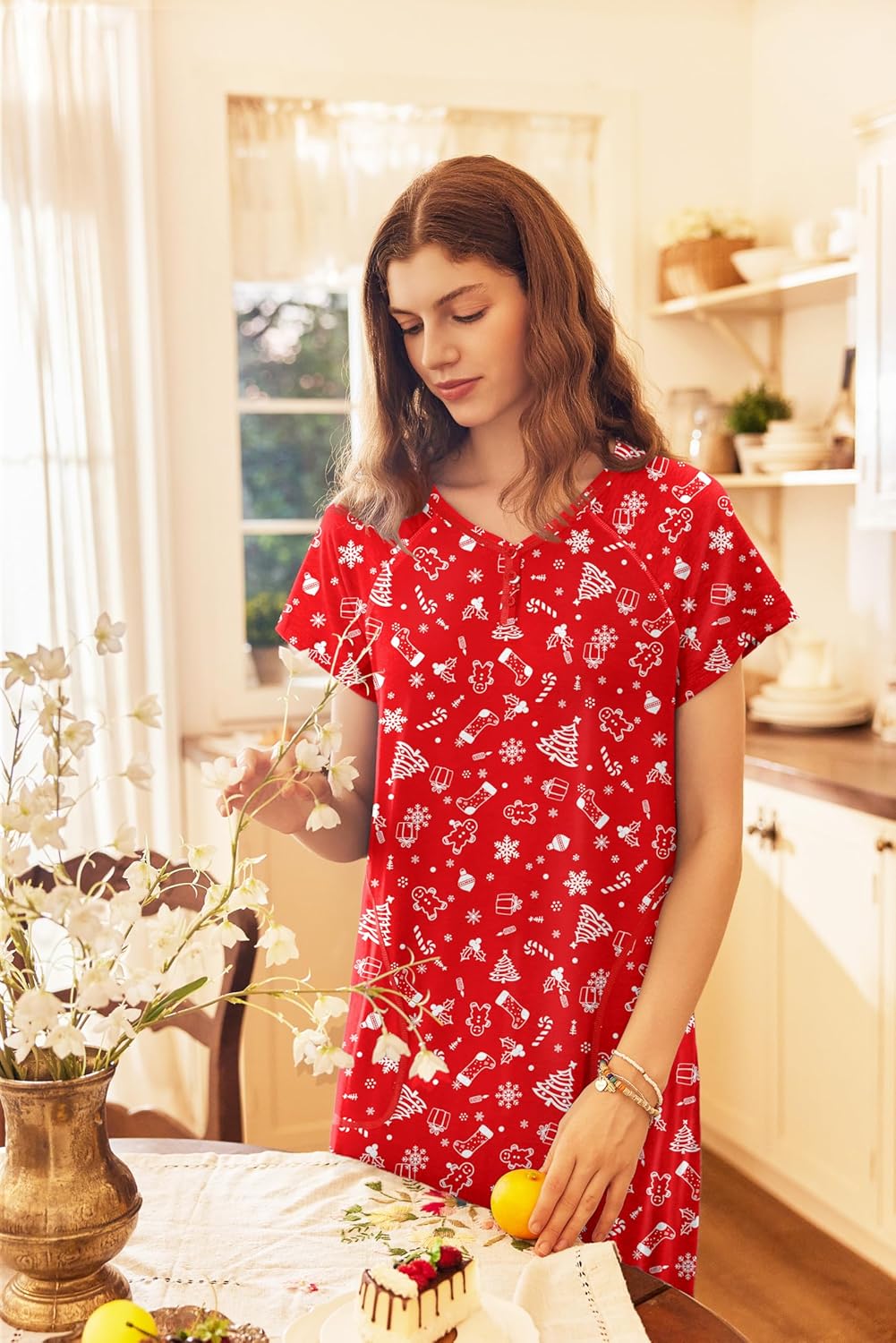 Ekouaer Long Nightgown Women's Loungewear Short Sleeve Sleepwear Full Length Sleep Shirt with Pockets - Image 3