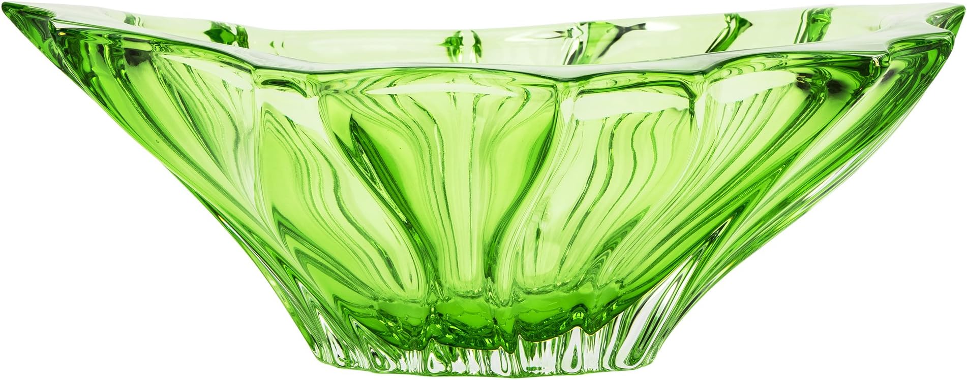 AU52040, 13-Inch Green Plantica Crystal Fruit Bowl, Decorative Centerpiece Wedding Gift Platter, Clear Czech Crystal Deep Plate, Bohemian Crystal