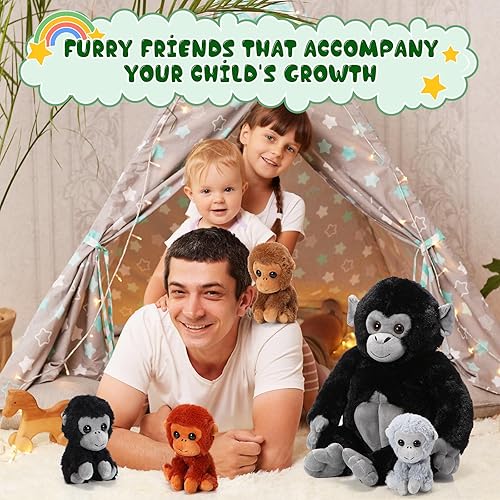 Miniatura 7 de Juego de 5 animales de peluche de gorila de peluche de 14 pulgadas, tamaño grande, mamá gorila con 4 gorilas de bebé con cremallera, peluches de