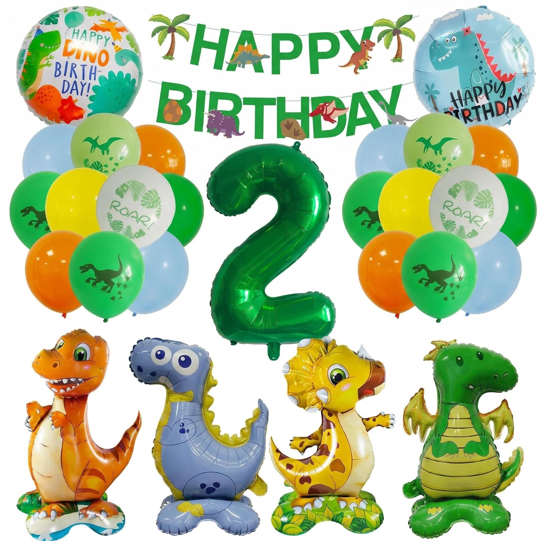 Dinosaur 2th Birthday Balloons for Boys,Green Happy Birthday Banner and Dino Themed Latex Balloon,Two Rex Birthday Decoration, Dinosaur Party Supplies for 2 Years Old Jungle Party Decorations