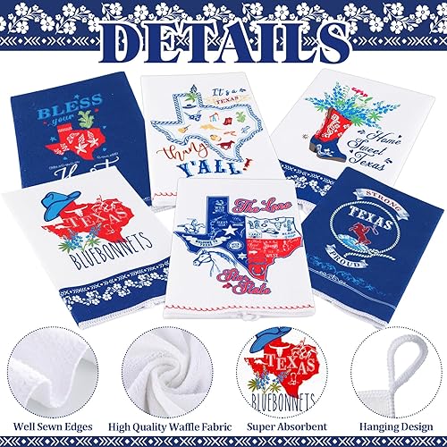 Miniatura 3 de FuWeave 6 toallas de cocina de Texas Bluebonnets con temática dulce, decorativo, blanco, azul y rojo, toallas de cocina de Texas, decoración de